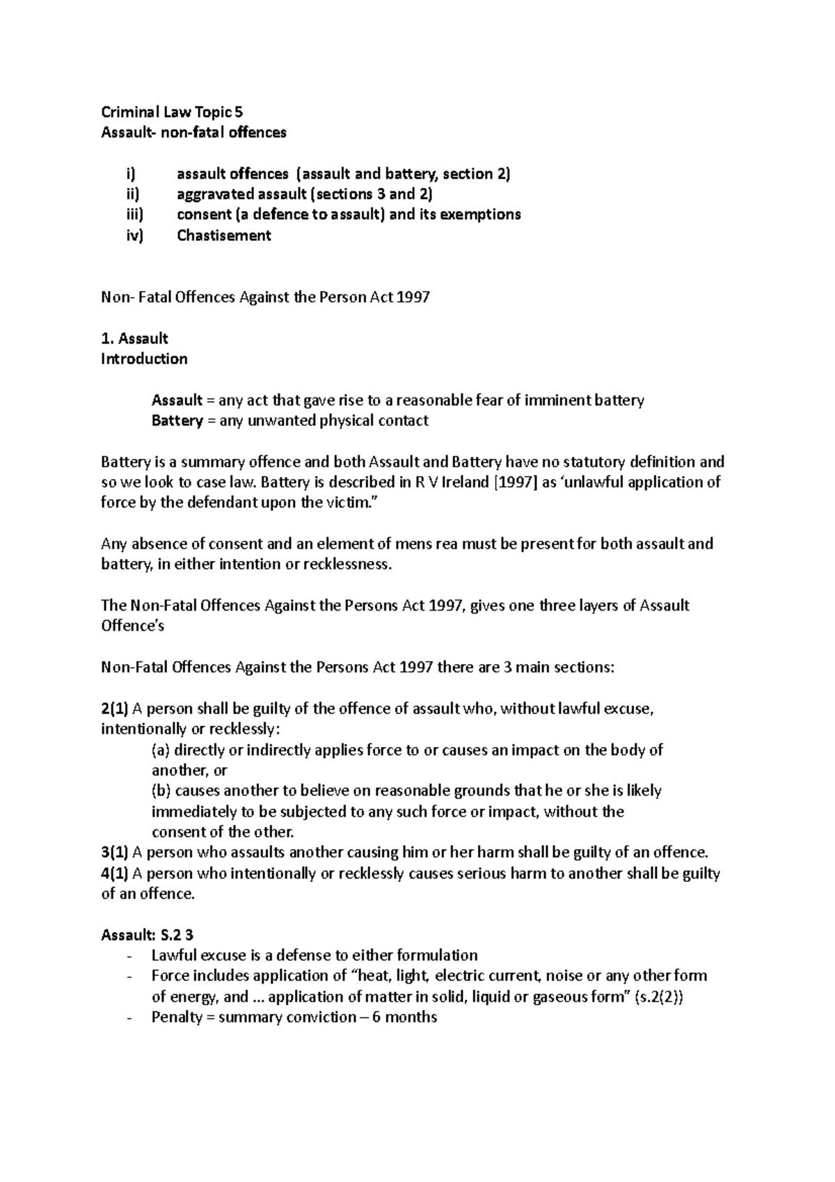 Assault and Non-Fatal Offences: Overview of Criminal Law Topic 5 - Studocu