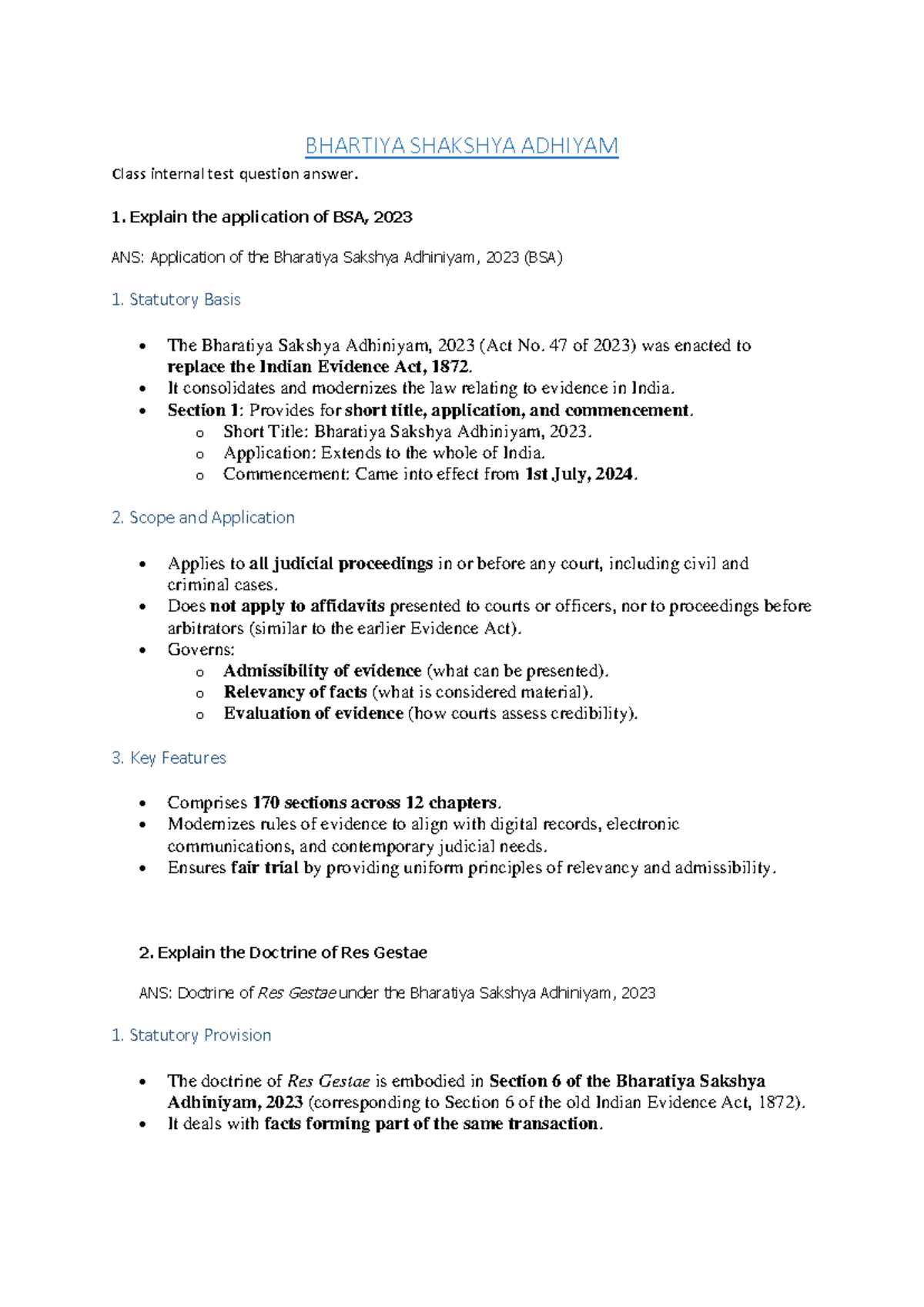 BSA 2023 Class Internal Test: Key Concepts & Answers - Studocu