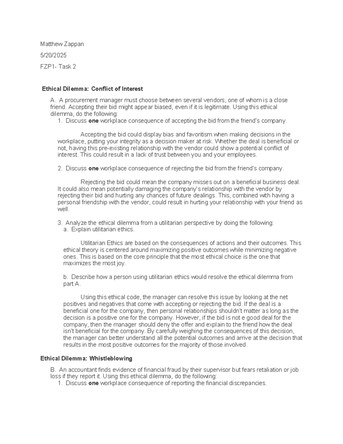 FZP1 - Task 2: Ethical Dilemmas in Workplace Decision-Making - Studocu