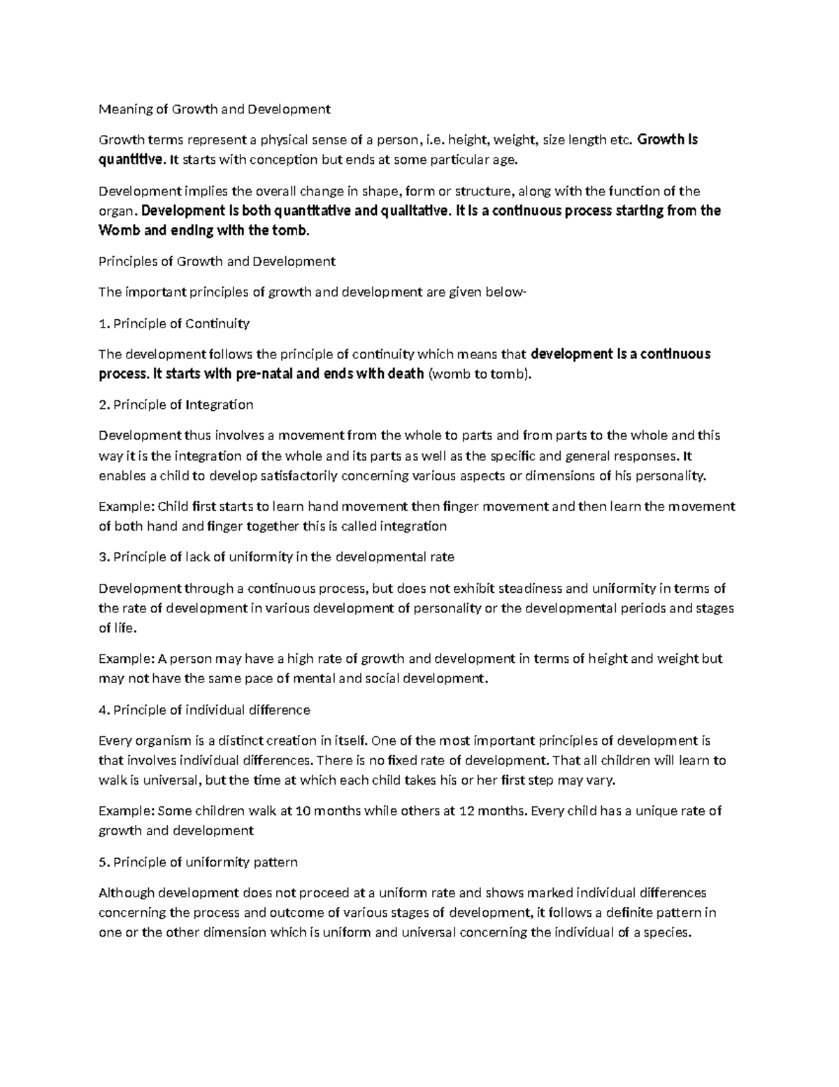 Principles of Growth and Development - Key Concepts Explained - Studocu