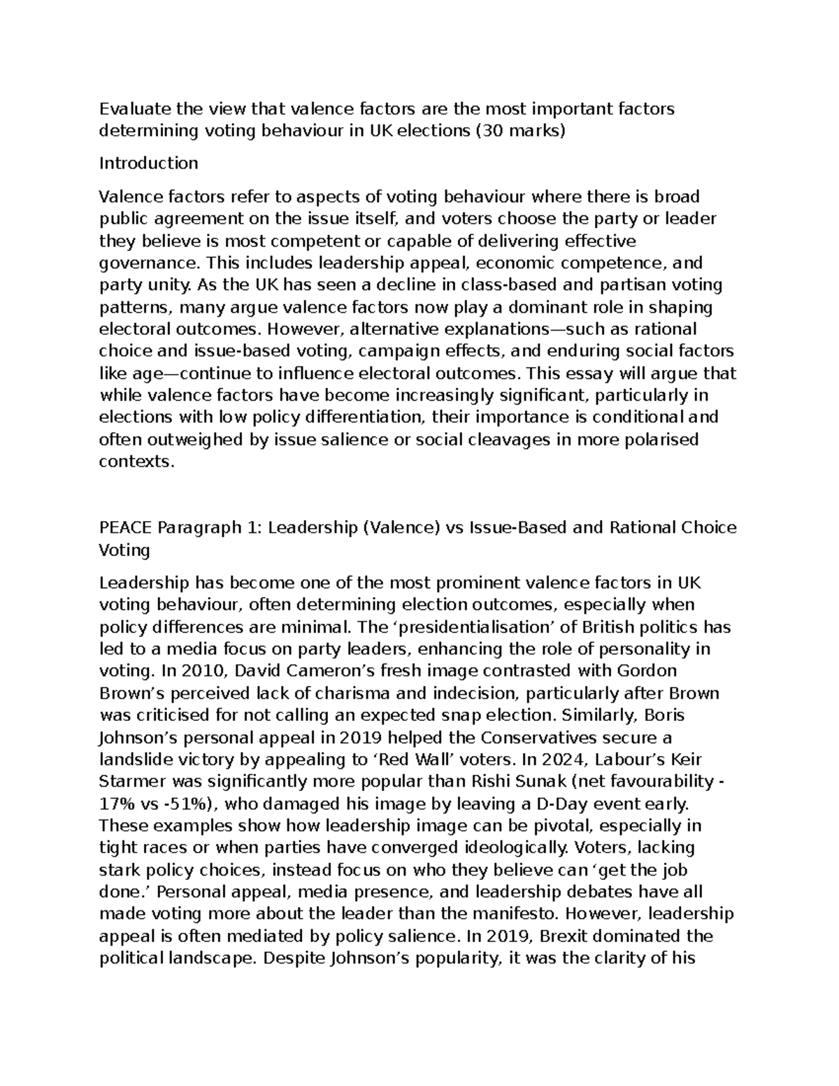 Evaluate the view that valence factors shape voting behaviour in UK ...