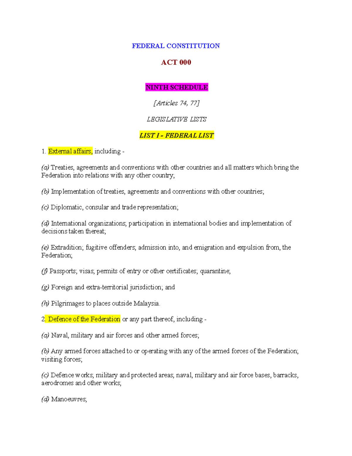 9th Schedule - Legislative Lists of the Federal Constitution - Studocu