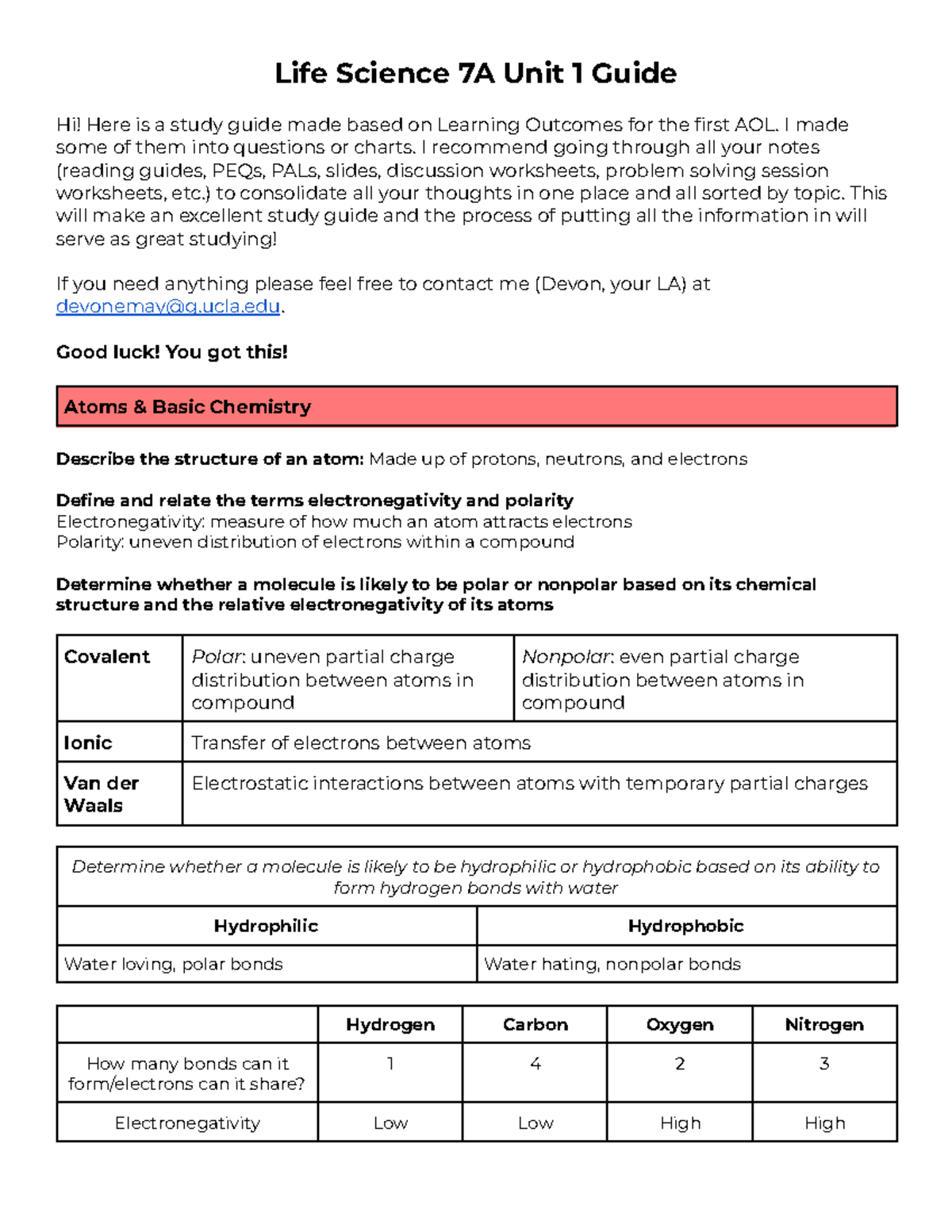 Study Guide for Life Sciences 7A: Unit 1 Overview and Key Concepts ...