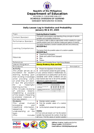 3 DLL - Random Variable - Department of Education REGION II- CAGAYAN ...