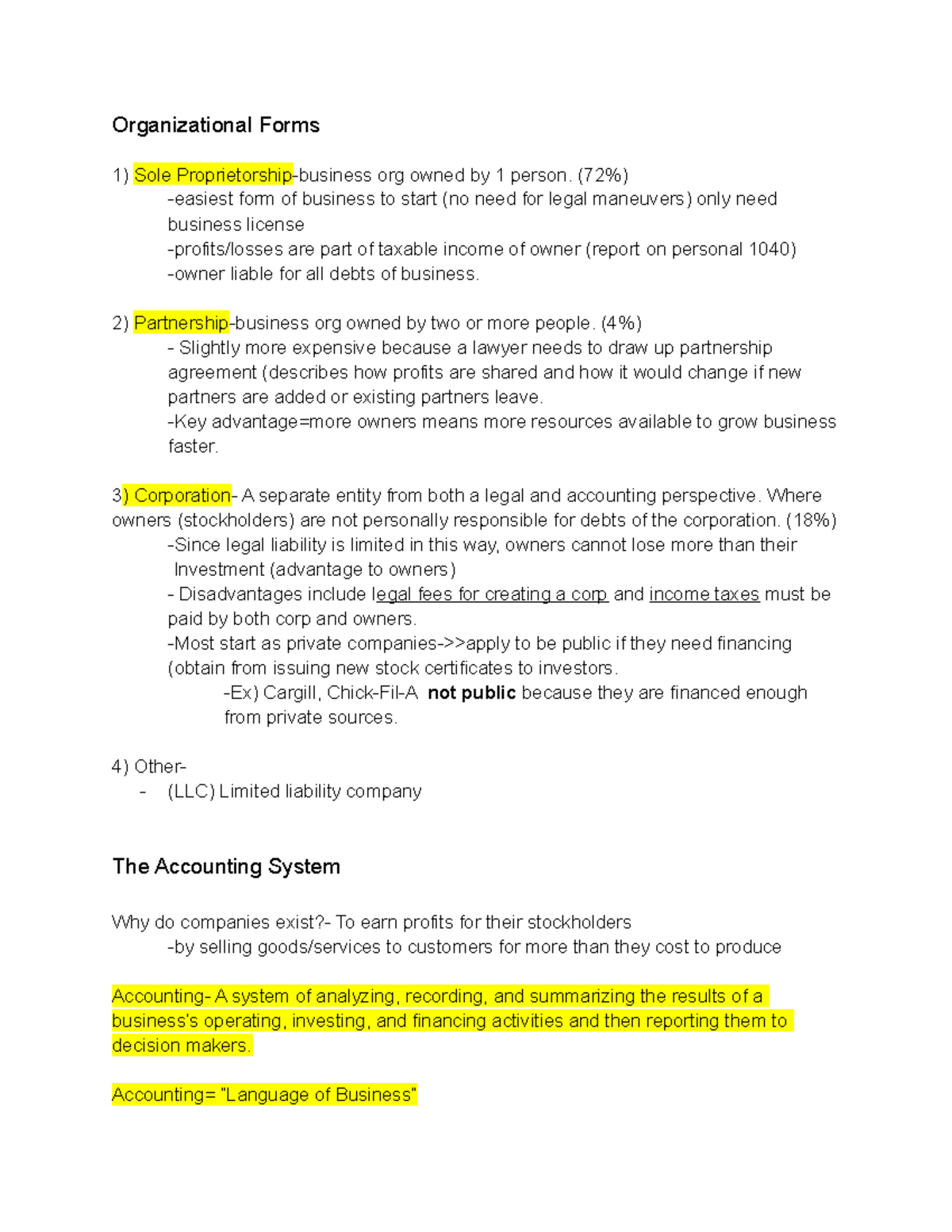 Acc 101 Ch 1 - Notes on Organizational Forms and Accounting System ...