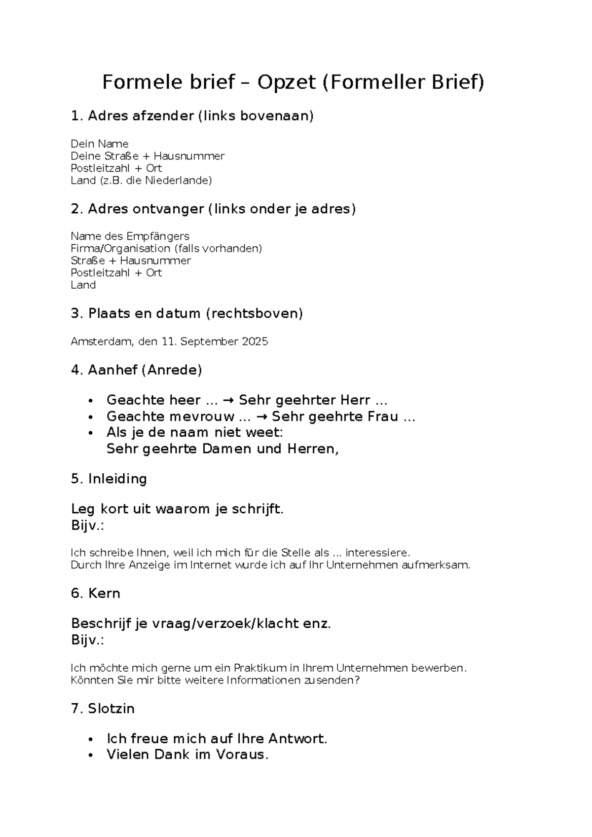 Opzet Formele & Informele Brief (Duits) - Studeersnel