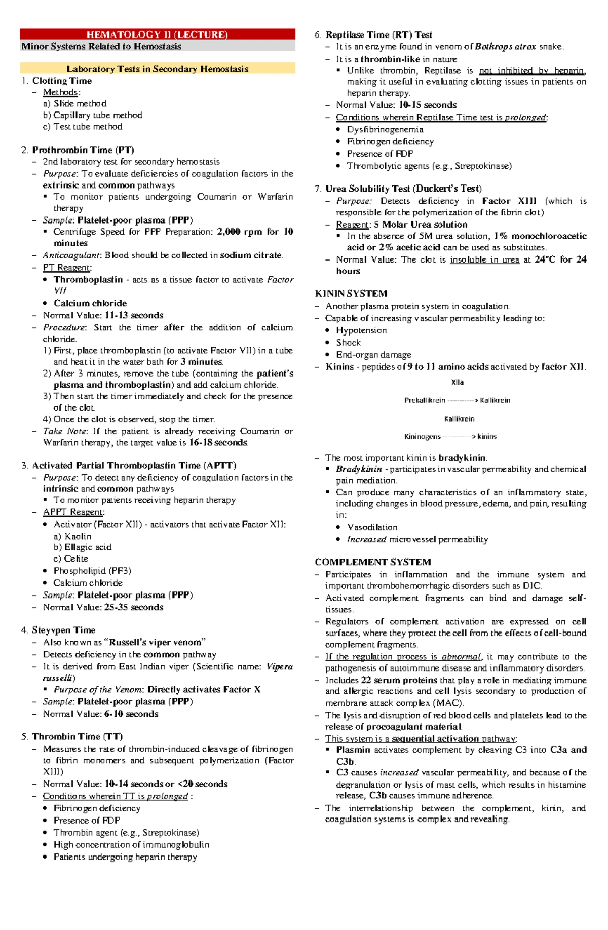 HEMATOLOGY 2: SECONDARY HEMOSTASIS REVIEW (2ND SEM SY: 2024-2025) - Studocu