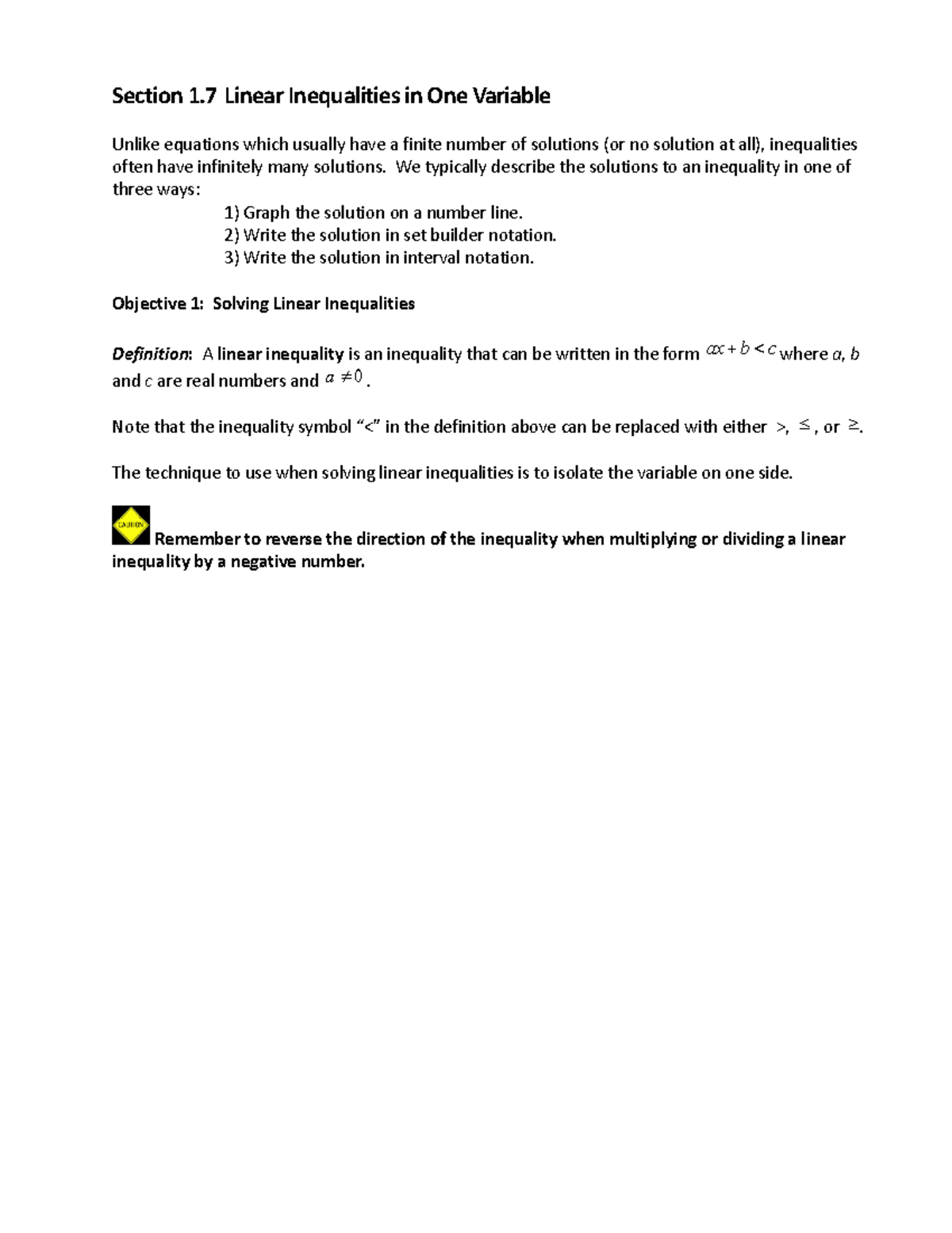 Sec 1.7: Understanding Linear Inequalities in One Variable - Studocu