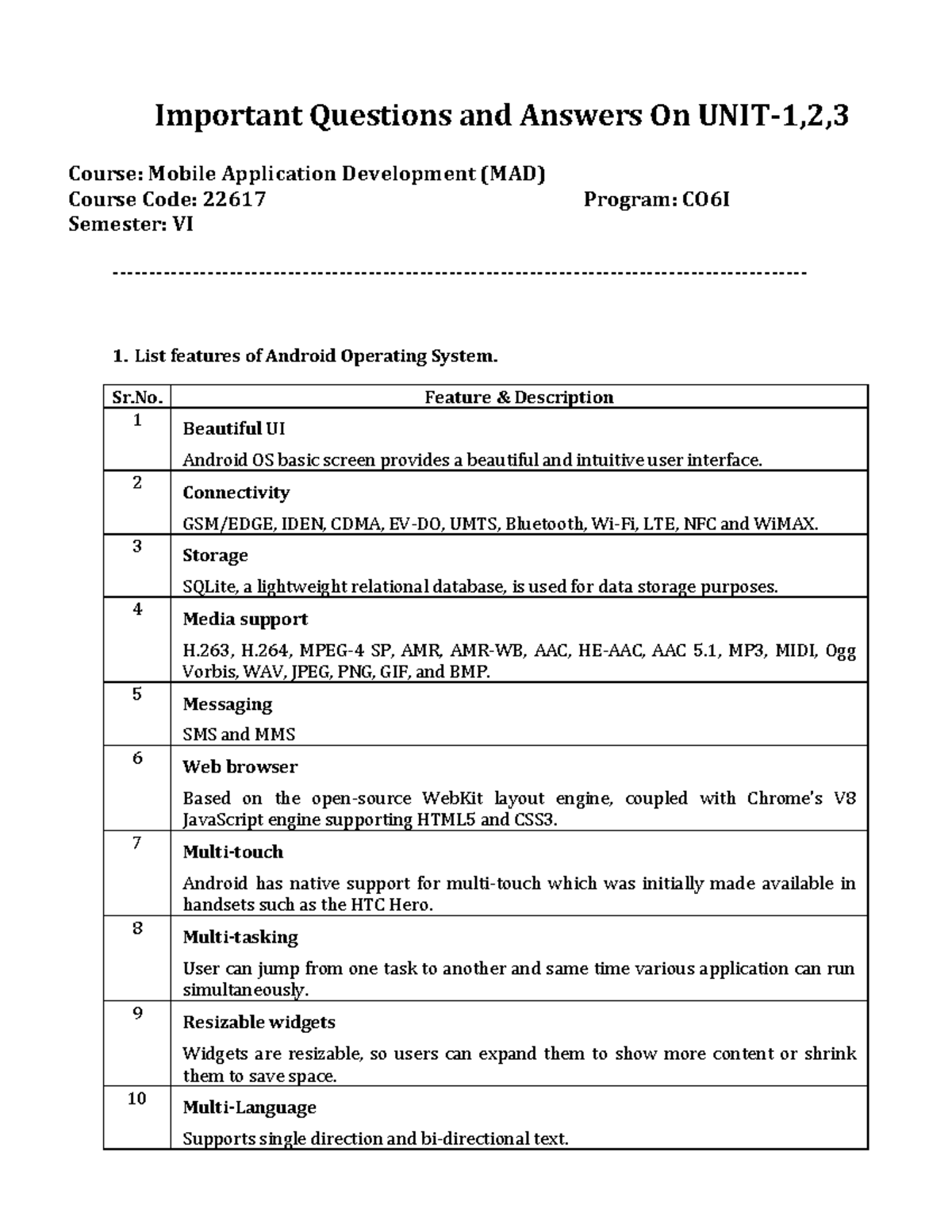 Important Q&A for Mobile Application Development (MAD) 22617 - VI ...