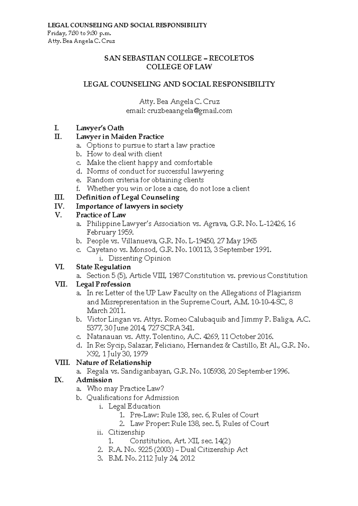 LCSR-Outline: Syllabus for Legal Counseling & Social Responsibility ...