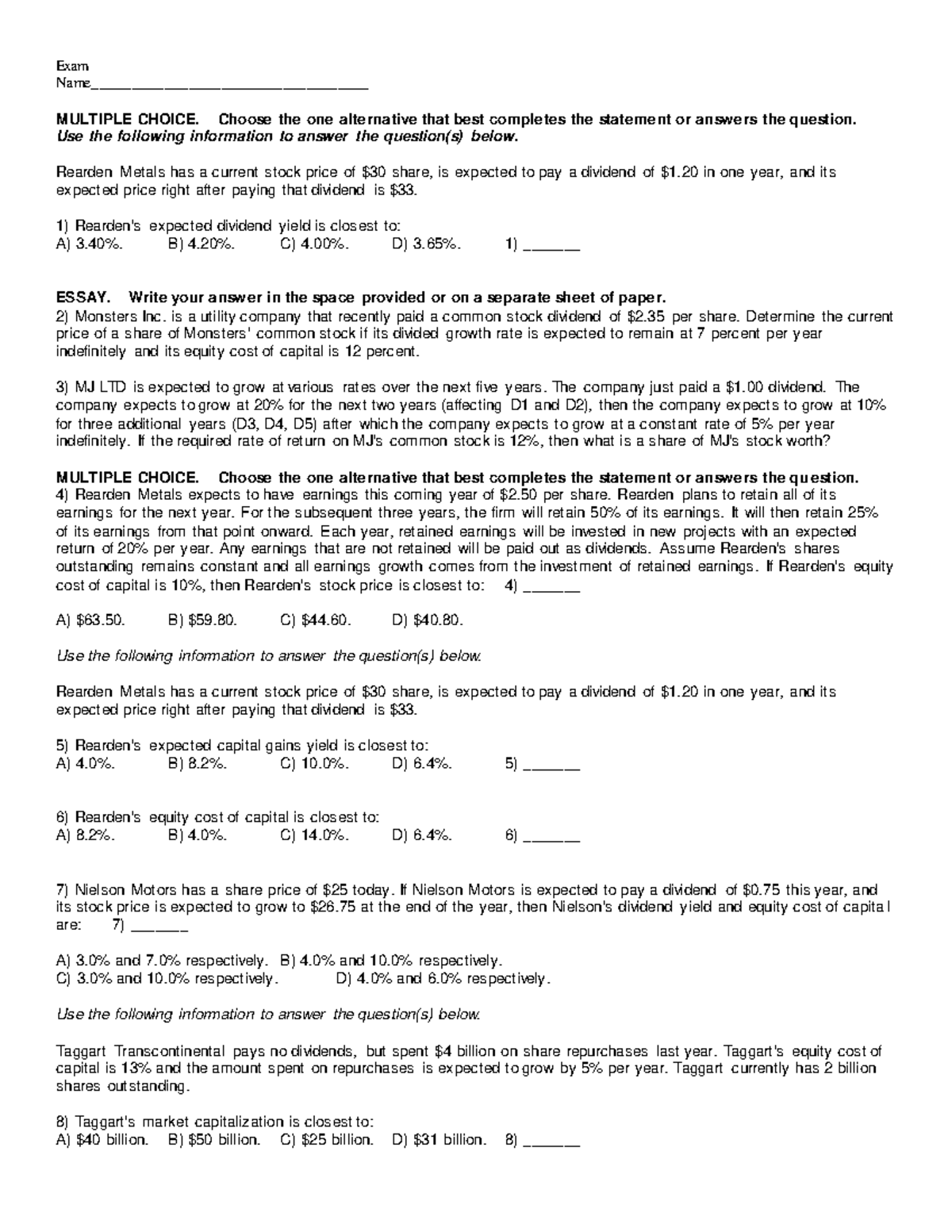 Module 2: Stock Valuation Exam Questions and Answers - Studocu