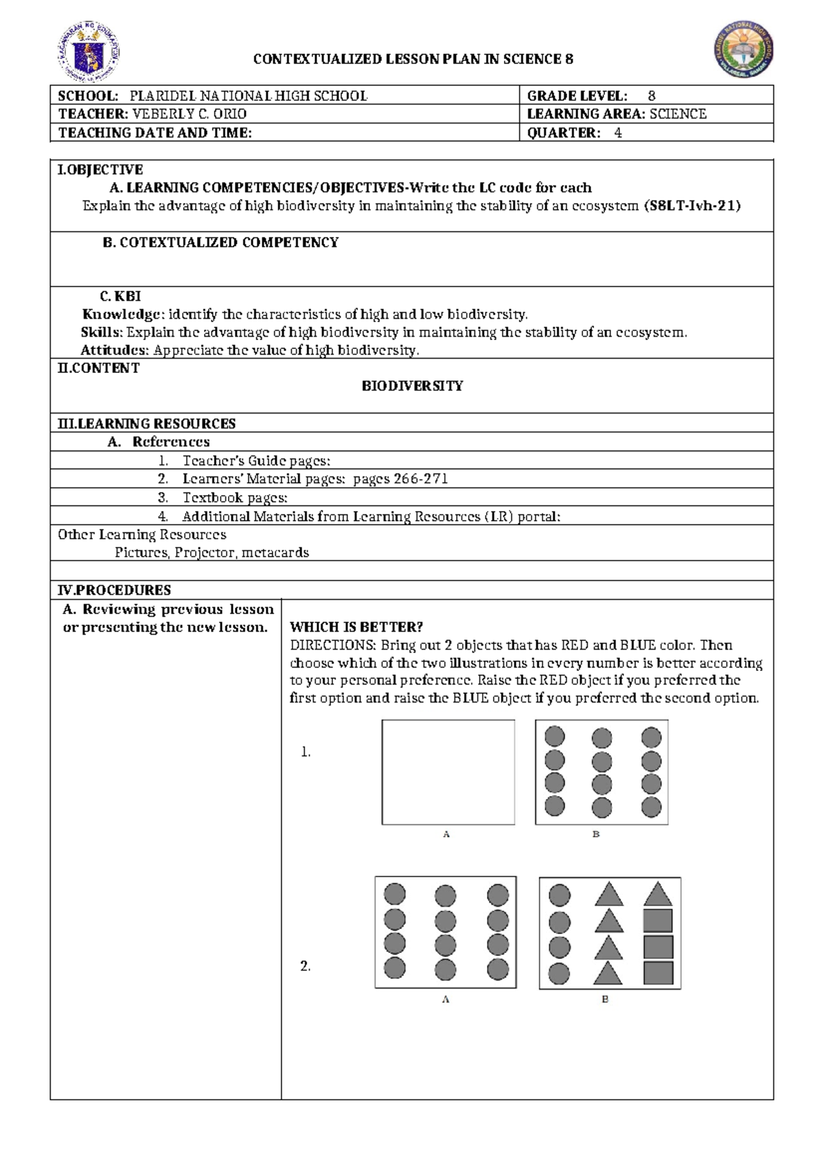 CO G8 Q4 - Contextualized Lesson Plan on Biodiversity in Science 8 ...