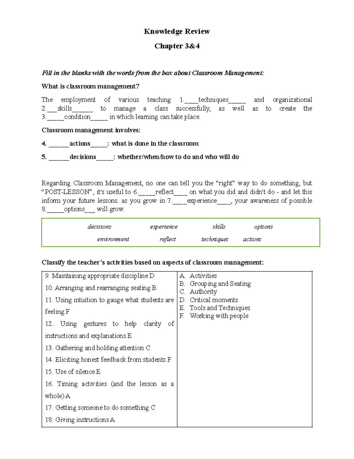 Knowledge Review: Classroom Management Strategies (Chapters 3 & 4 ...