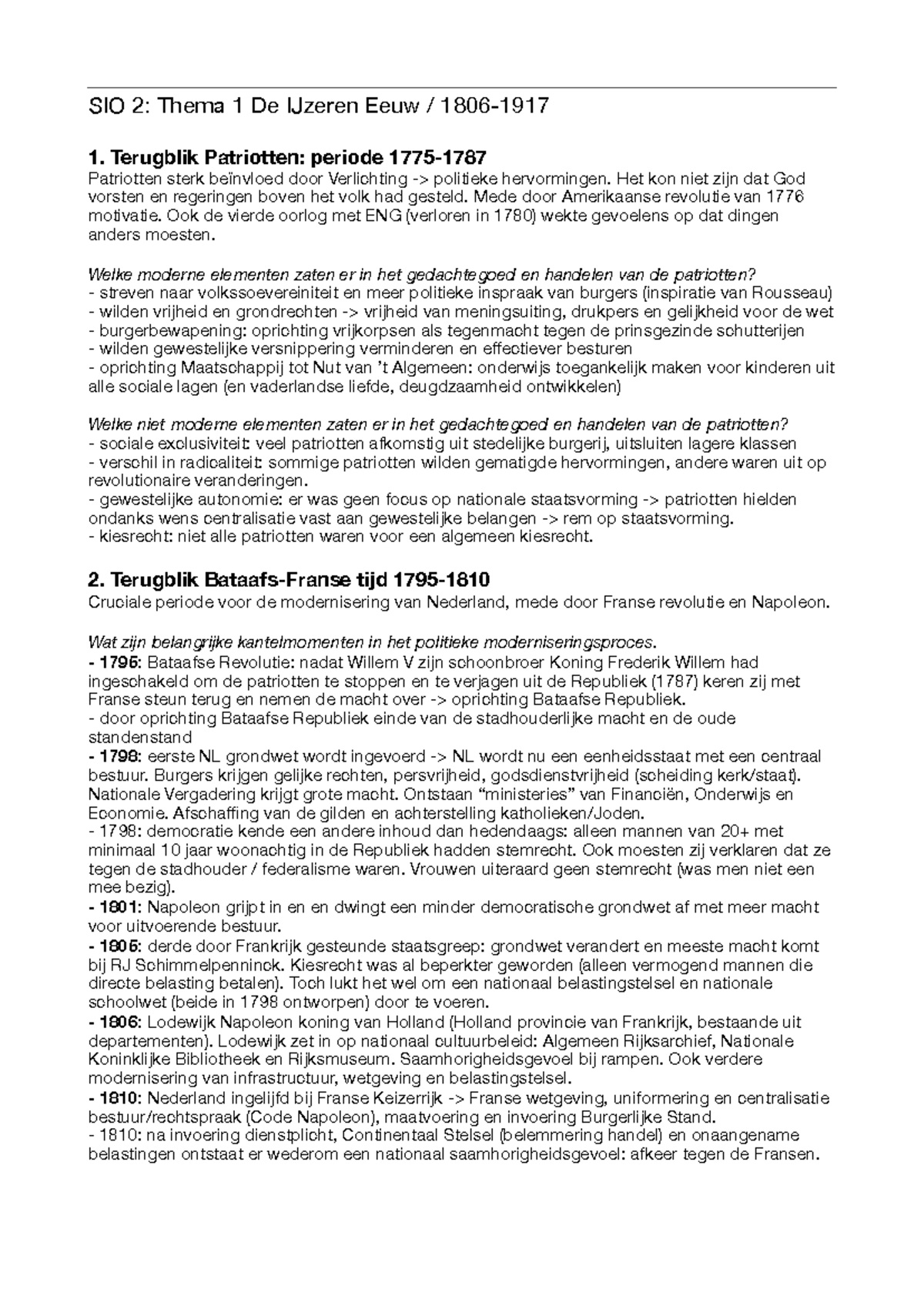 SIO 2: Thema 1 De IJzeren Eeuw - Patriotten en Politieke Modernisering ...