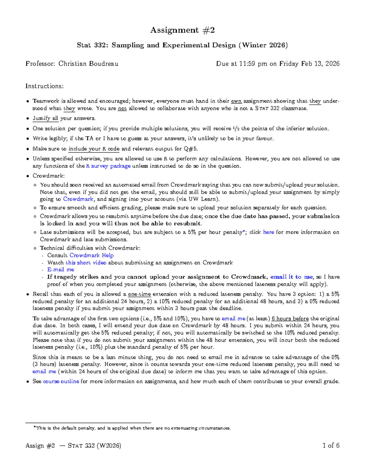 Assignment 2: Sampling & Experimental Design - Stat 332 (W2026) - Studocu