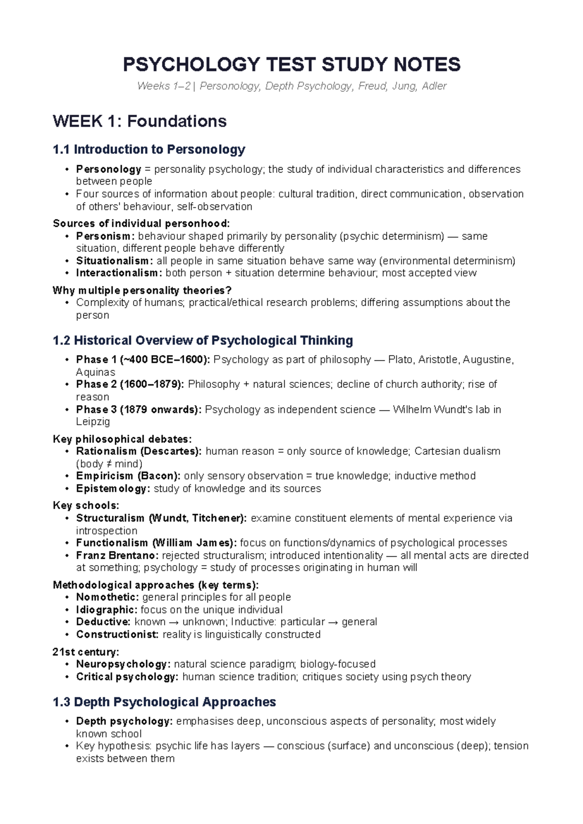 PSY 101 Final Exam Study Notes: Personology, Freud, Jung, Adler - Studocu