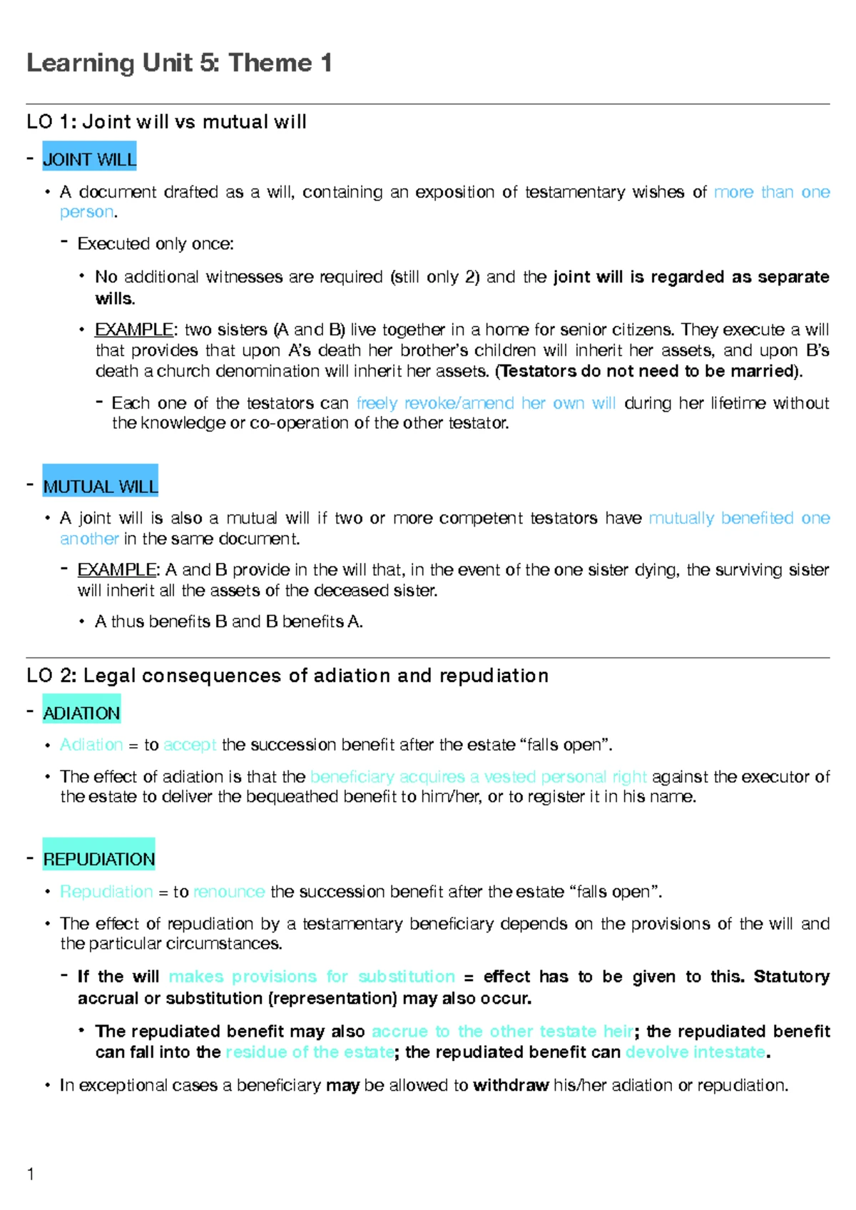 LOSA LU1 - Comprehensive Notes on Law of Succession Concepts - Studocu