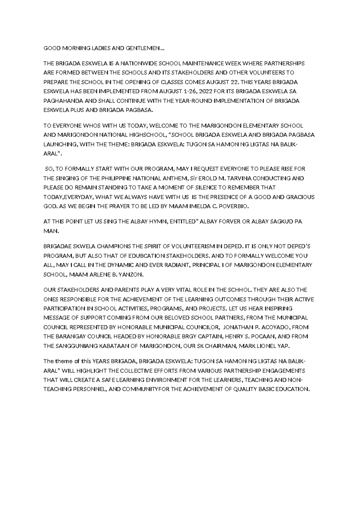 Brigada Eskwela 2022 Emcee Script for Marigondon School Event - Studocu