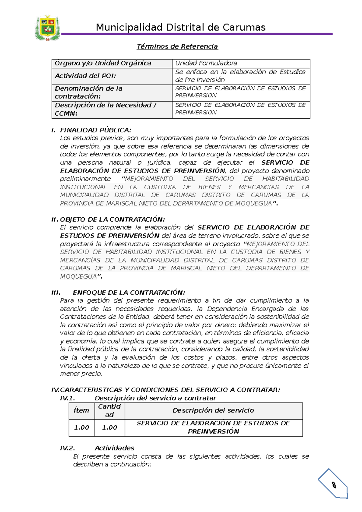 TDR para Servicio de Elaboración de Estudios de Preinversión ...