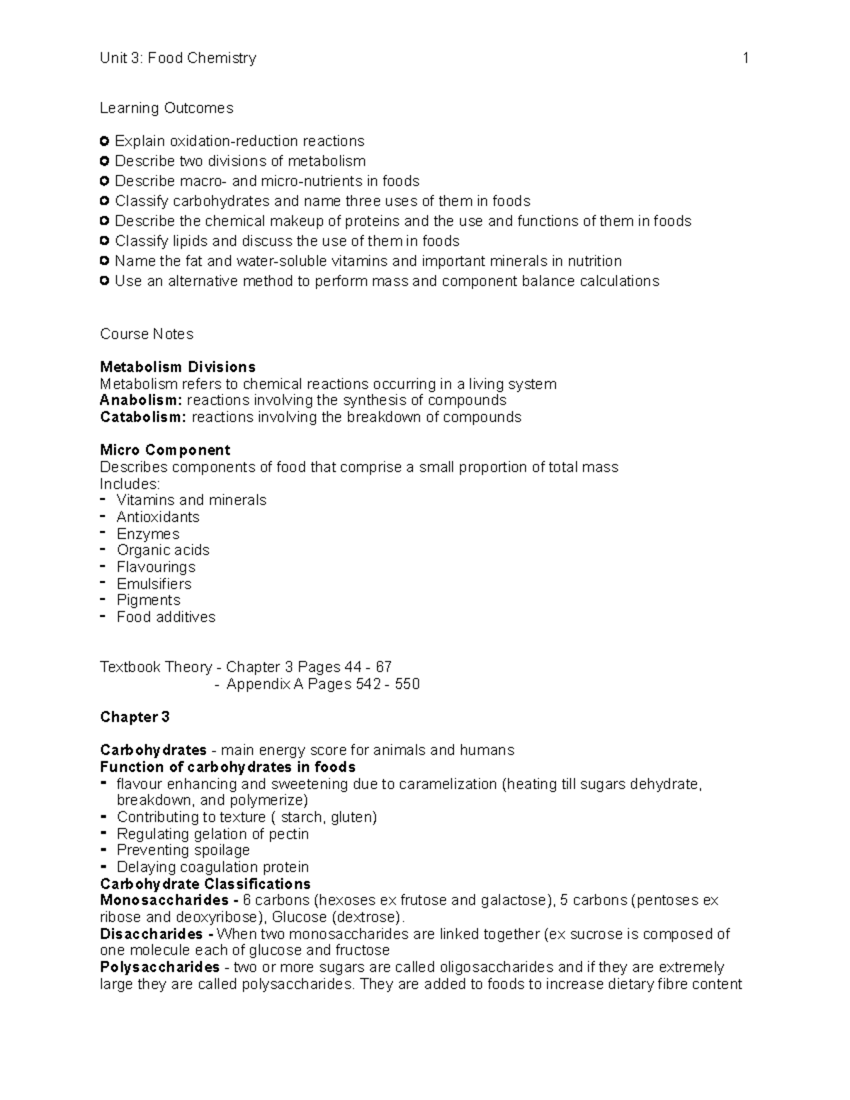 Unit 3 - Food Chemistry - Study Notes and Key Concepts - Studocu