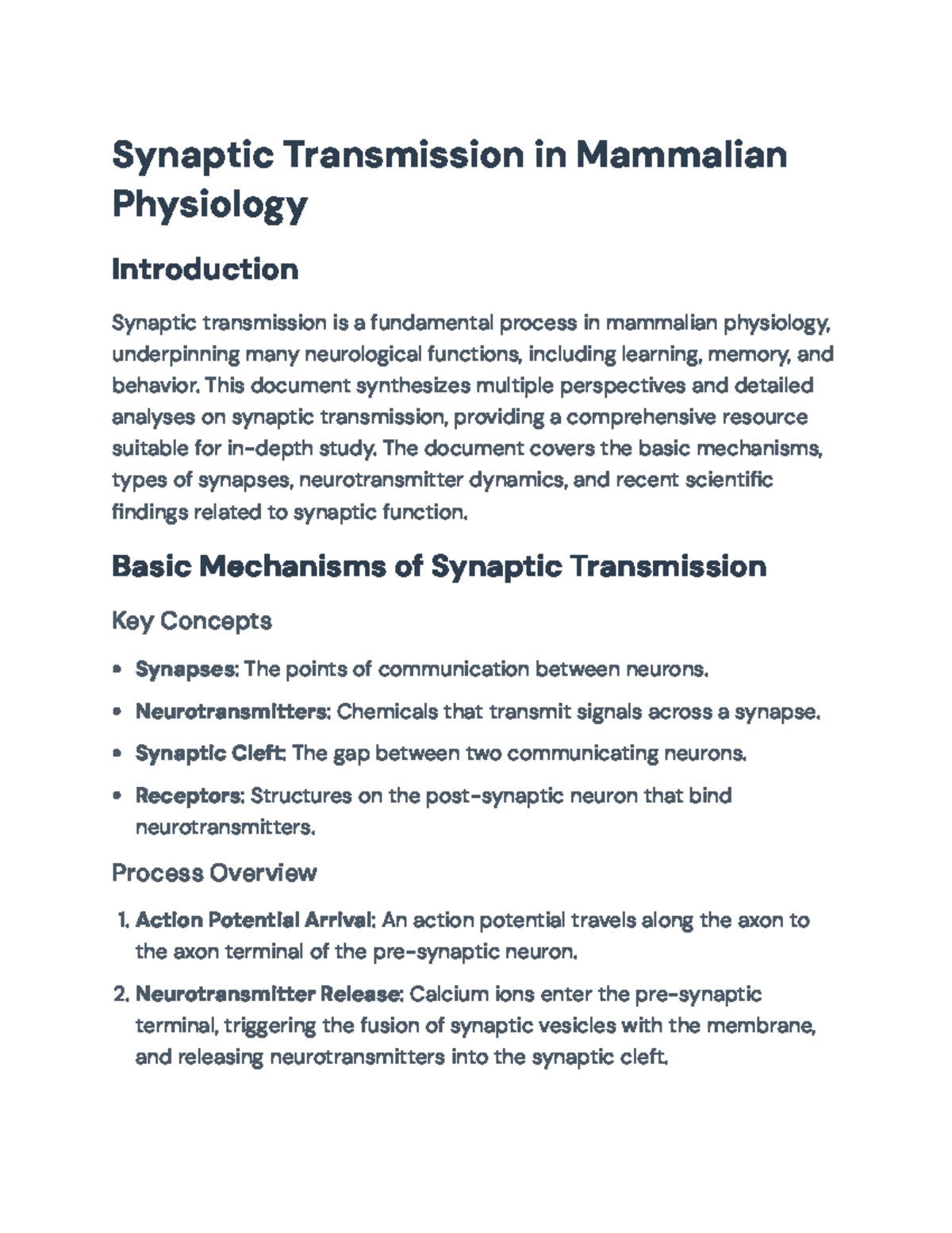 Synaptic Transmission in Mammalian Physiology: Mechanisms and Insights ...