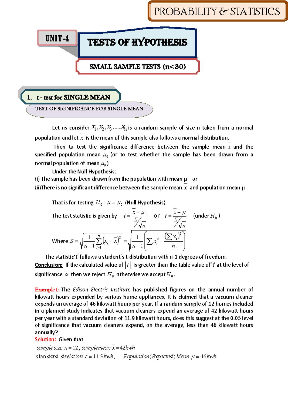 UNIT-4 (P&S) - Small Sample Tests & Significance Testing - Studocu