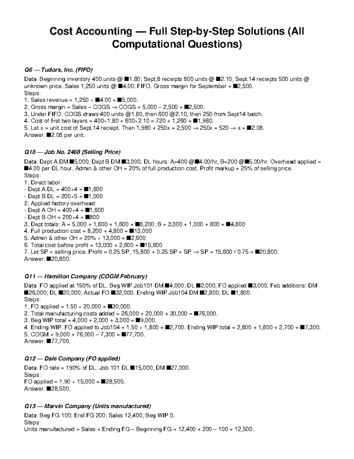 Cost Accounting Q6-Q80 Full Solutions (Computational) - Studocu