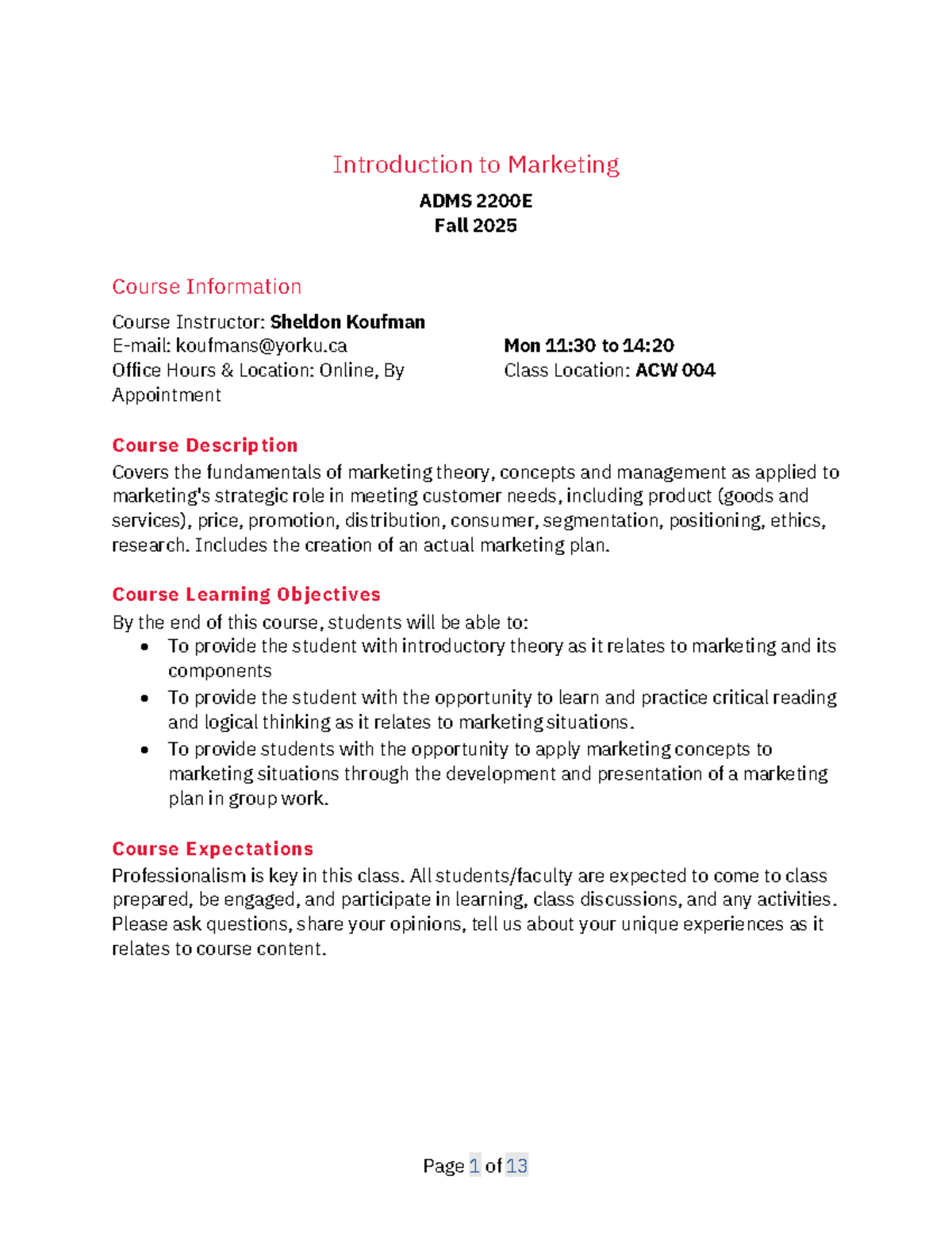 ADMS 2200E F2025 - Introduction to Marketing Course Outline - Studocu