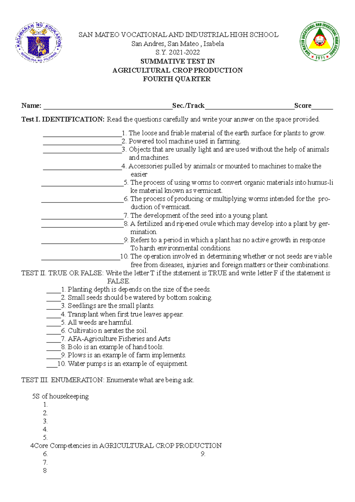 Fourth Quarter Summative Test in AGRI CROP PRO (2020-21) - Studocu