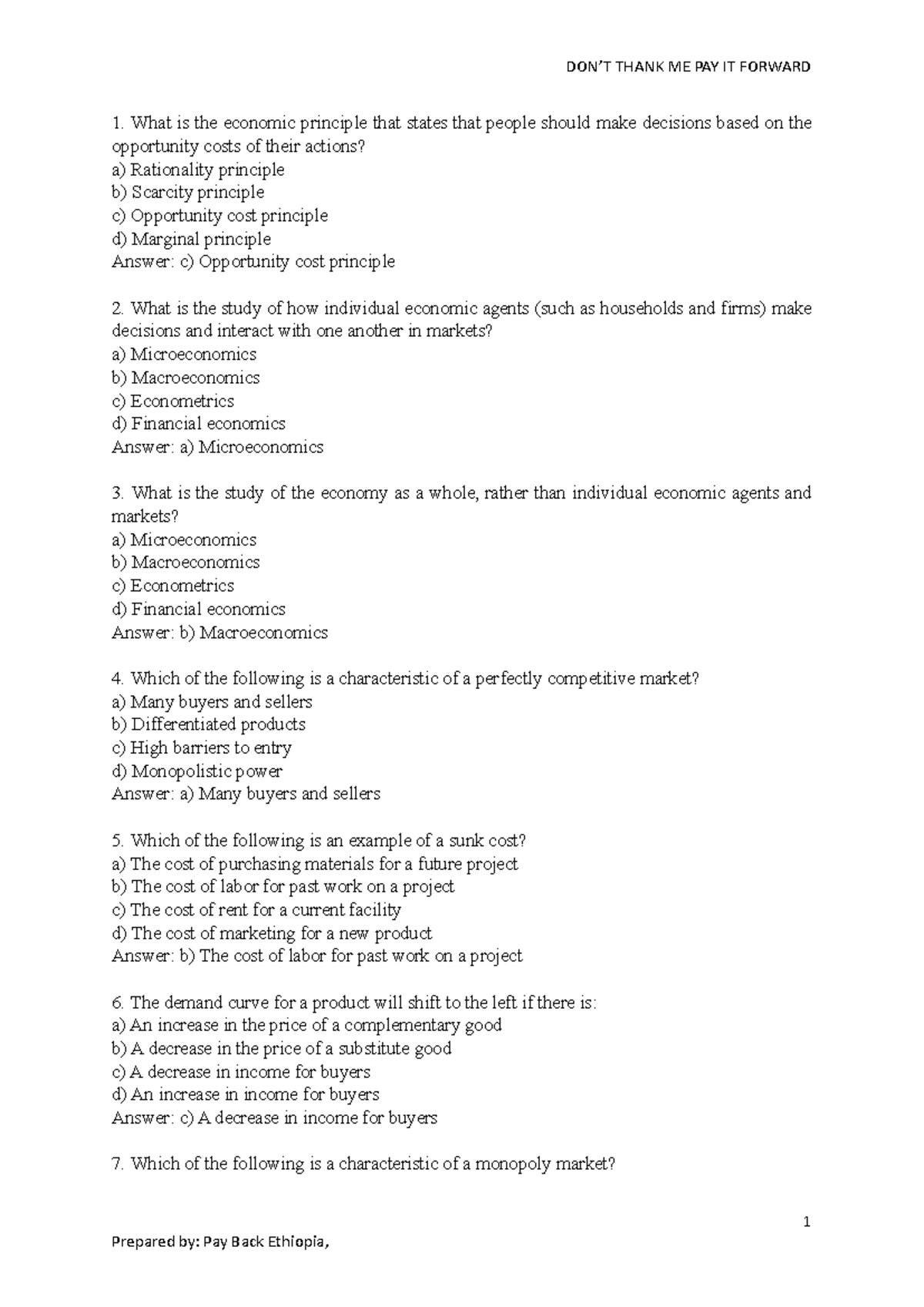 BA Economics Mock MCQ Questions Set for Practice - Studocu