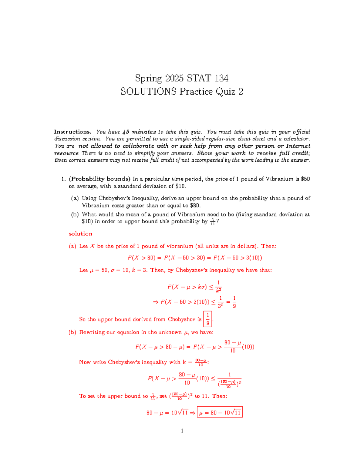 Spring 2025 STAT 134 Practice Quiz 2 Solutions on Probability & Random ...
