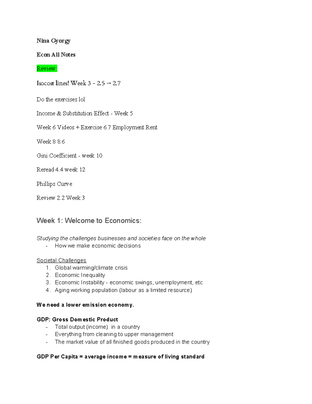 Econ 101: Lecture Notes on Inflation, Unemployment, and GDP (Weeks 10 ...