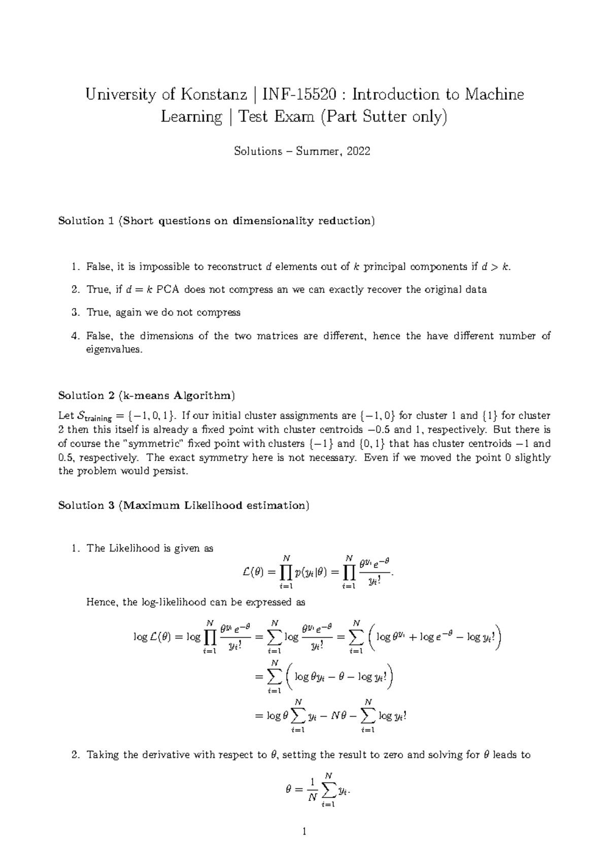 INF-15520: Intro to Machine Learning - Summer 2022 Exam Solutions - Studocu