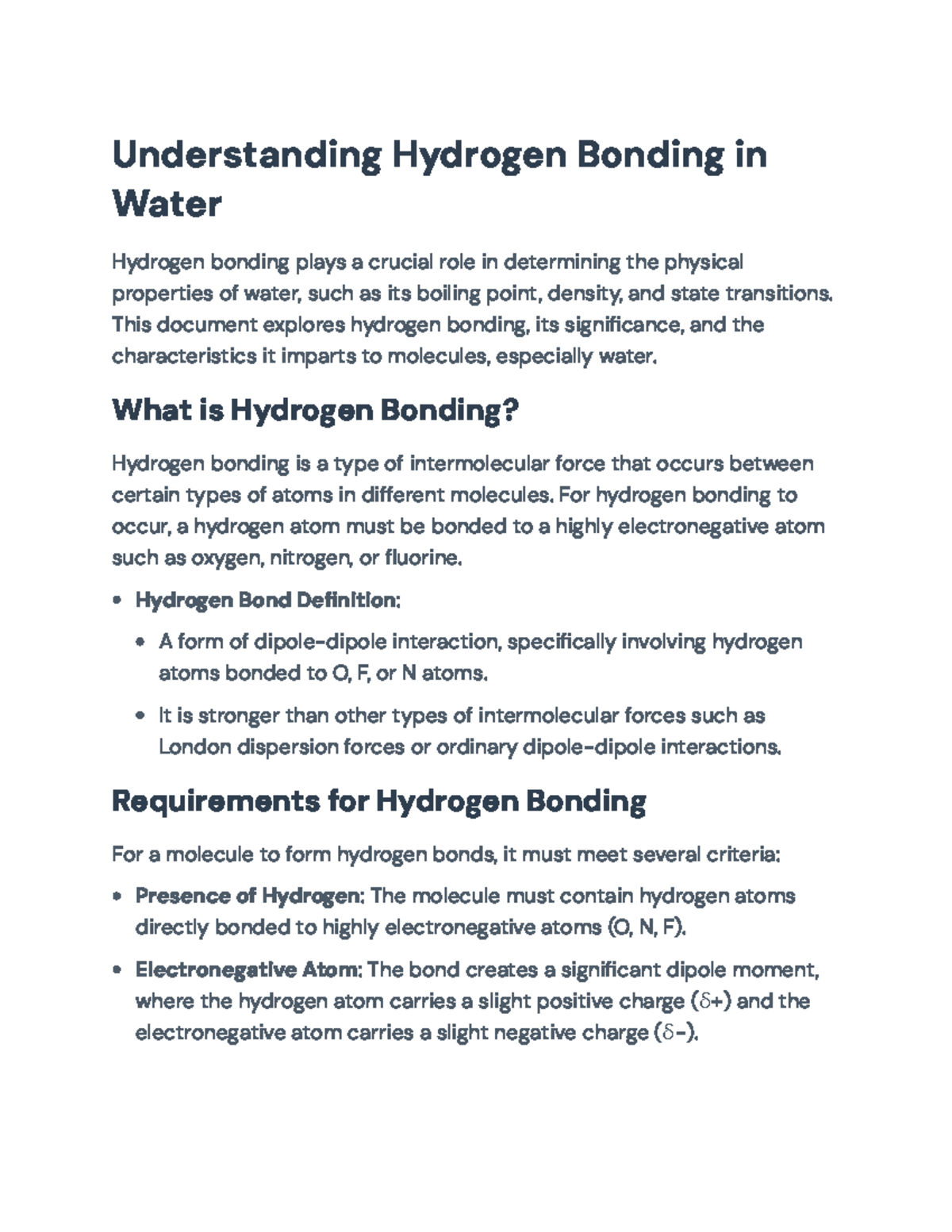 Title: Understanding Hydrogen Bonding and Its Effects on Water ...