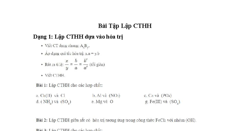 Bài Tập Lập CTHH Dạng 1 & 2: Xác Định Công Thức Hóa Học - Studocu