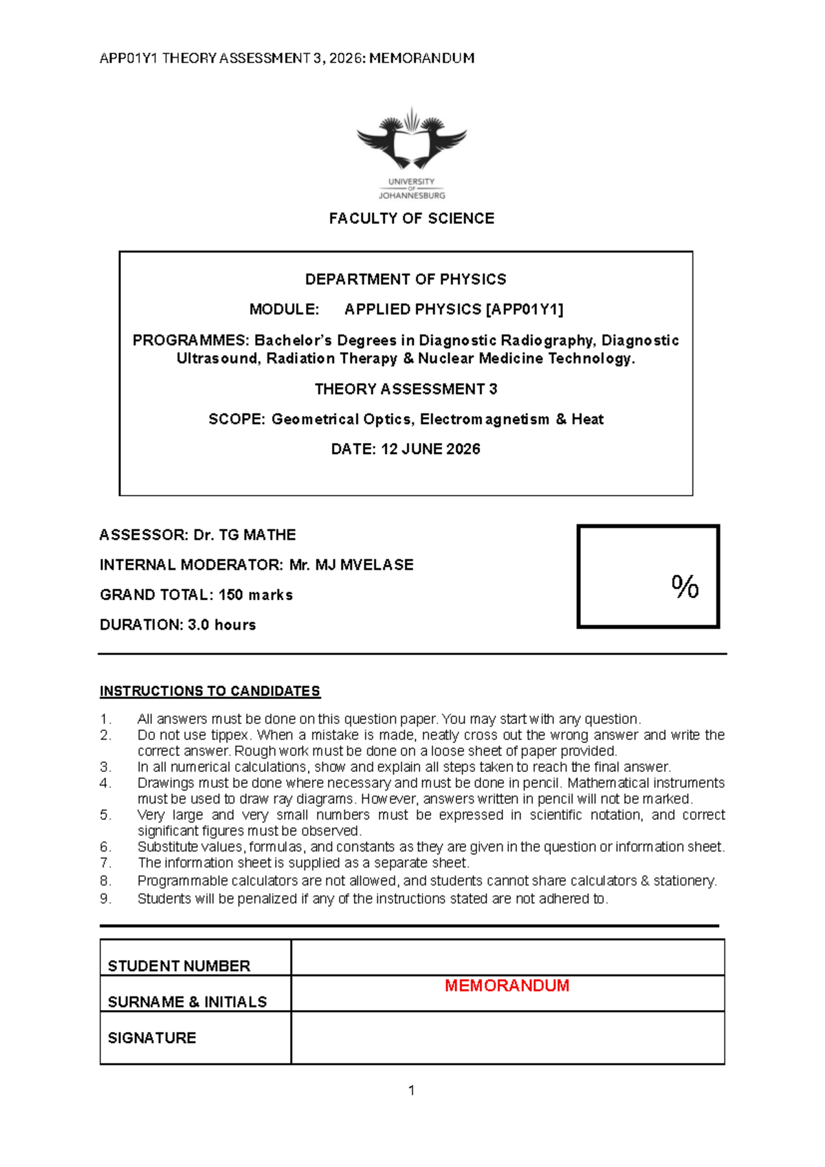 APP01Y1 THEORY ASSESSMENT 3, 2026: MEMORANDUM FOR PHYSICS MODULE - Studocu