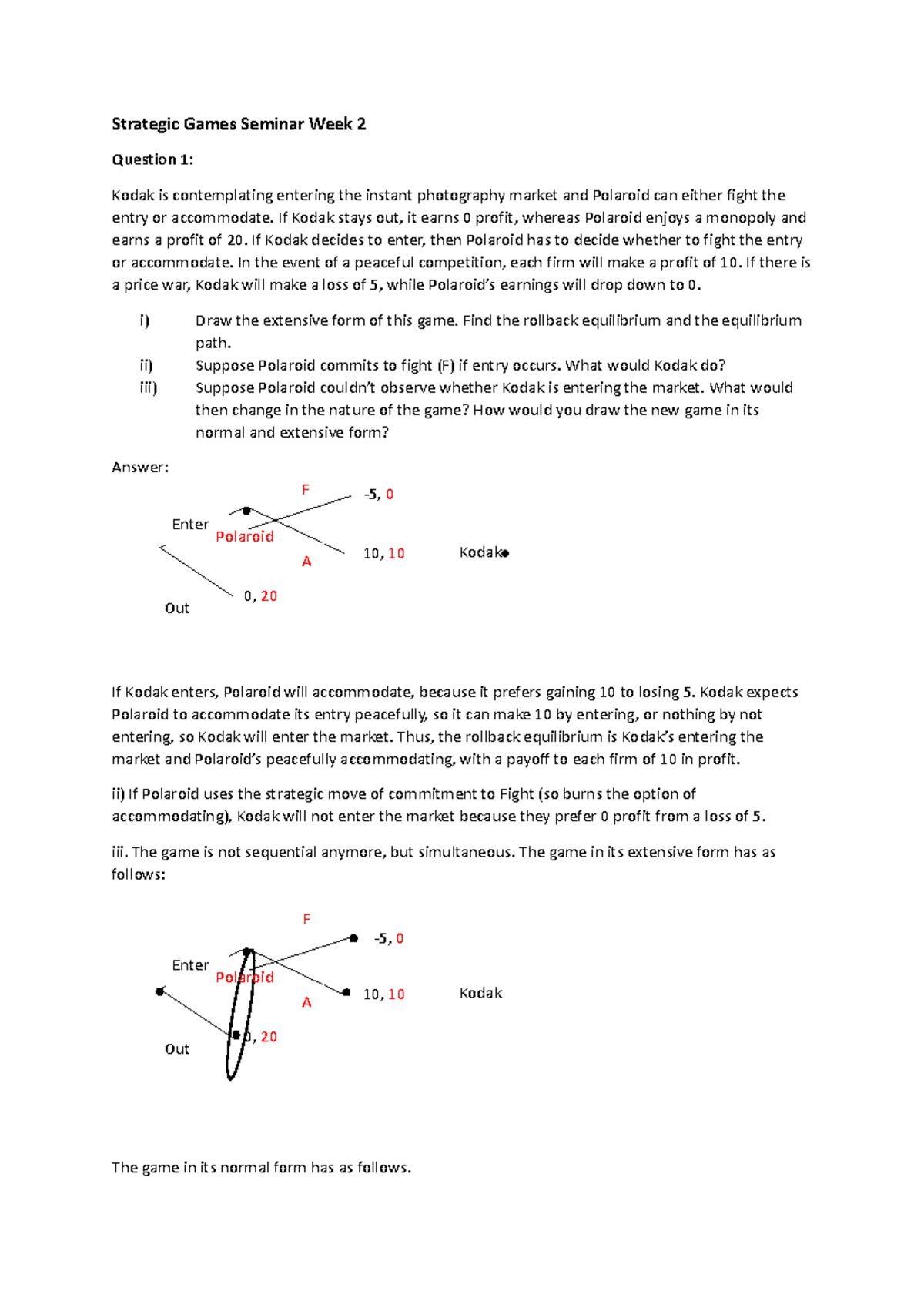 Week 2 Seminar answers - Strategic Games Seminar Week 2 Question 1 ...