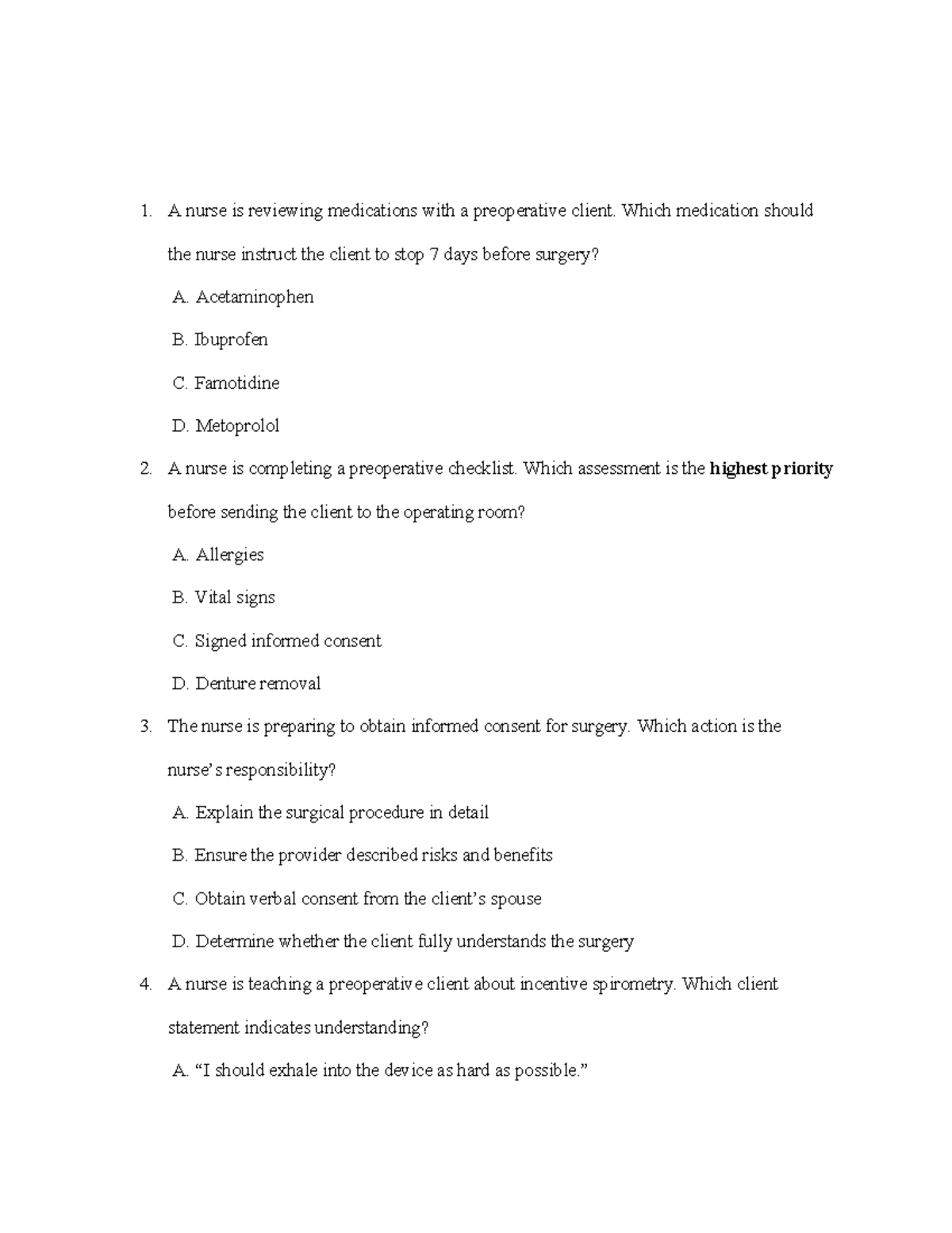 Med-Surg 2 Exam 1 Practice Questions: Preoperative & Postoperative Care ...