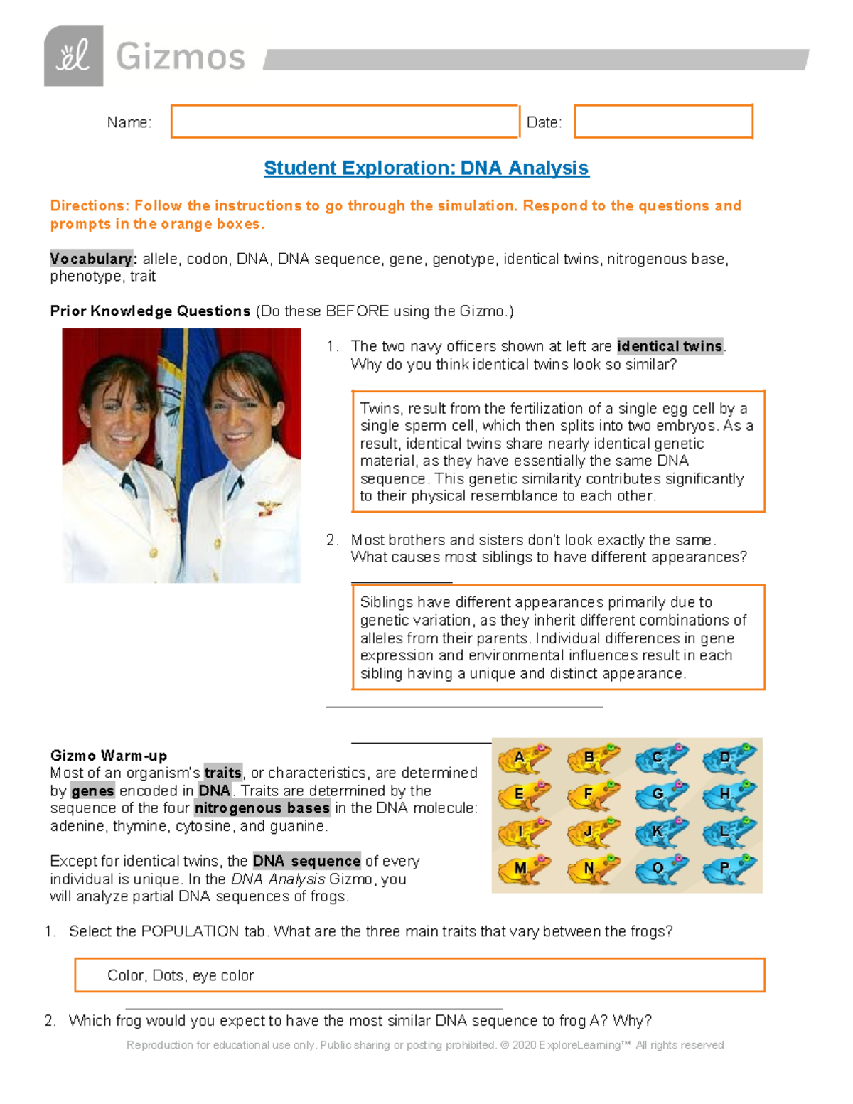 DNA Analysis Gizmo Student Exploration Guide for SE Class - Studocu