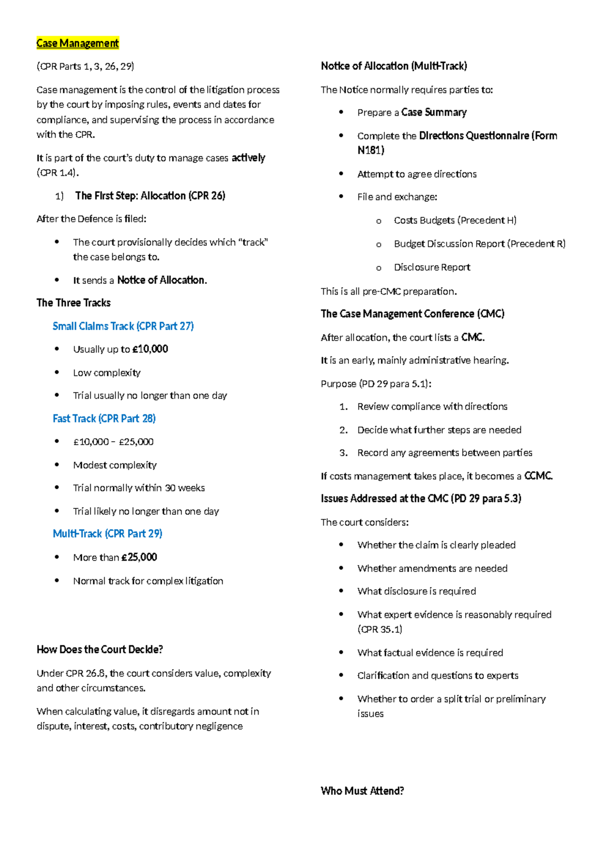 Case Management Notes (CPR Parts 1, 3, 26, 29) Overview - Studocu