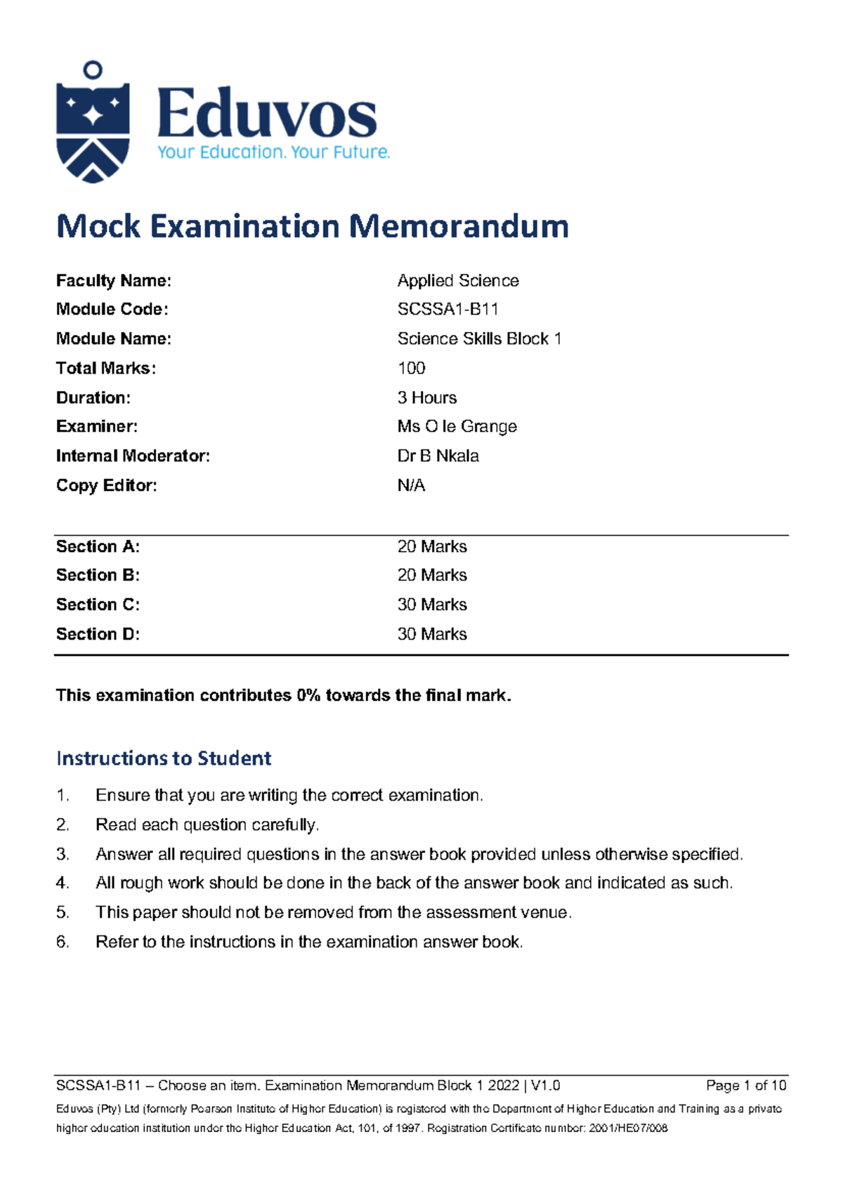 Mock Examination Memorandum: Science Skills Module (Block 1) 2024 - Studocu
