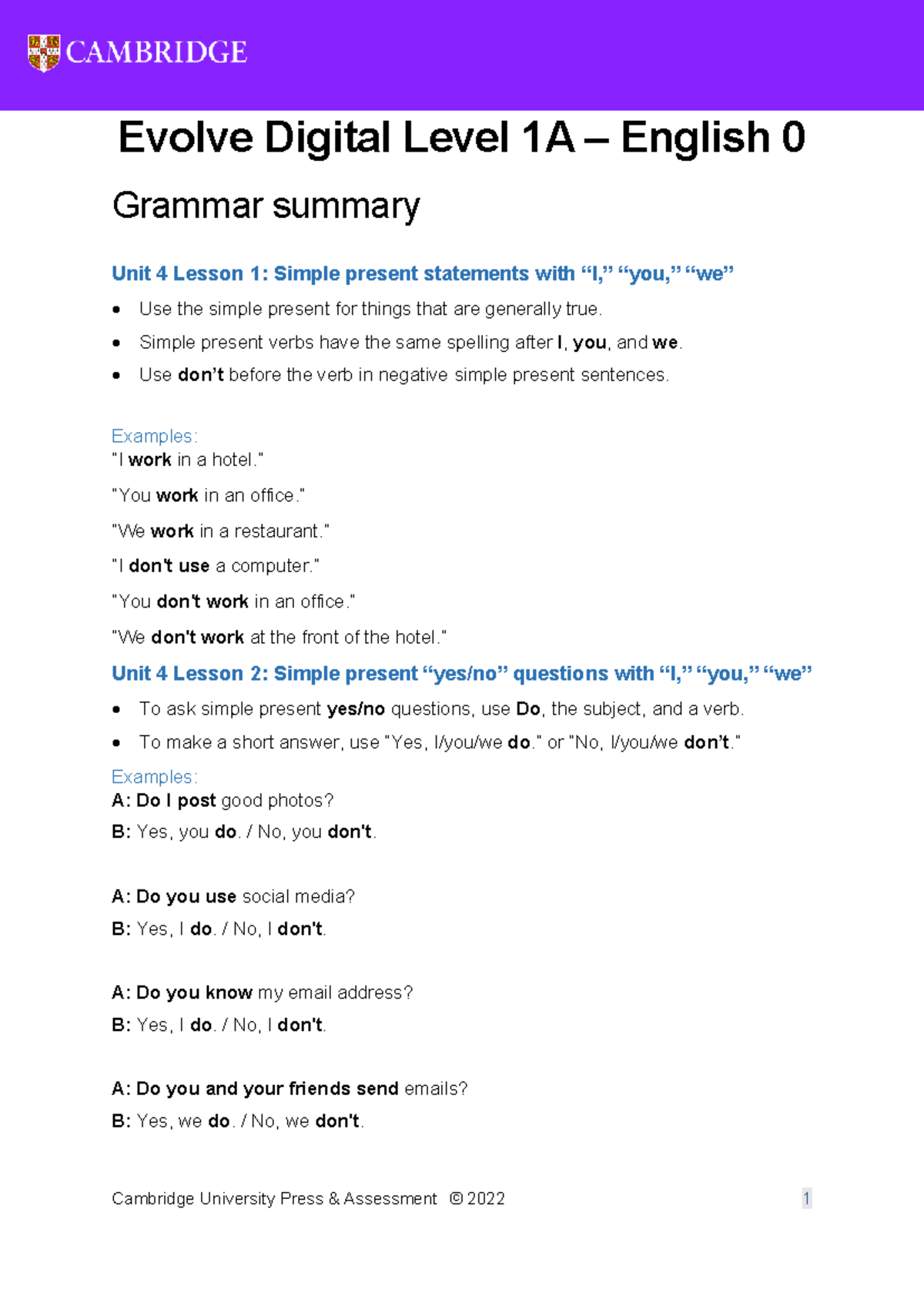 Unit 4 - E0 - Grammar Summary: Simple Present Statements & Questions ...