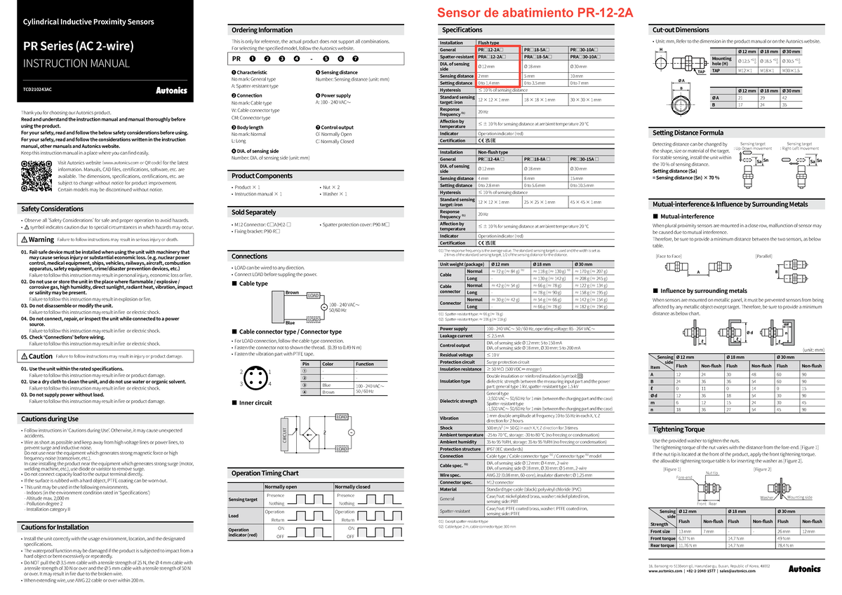 Cylindrical Inductive Proximity Sensors PR Series - Instruction Manual ...