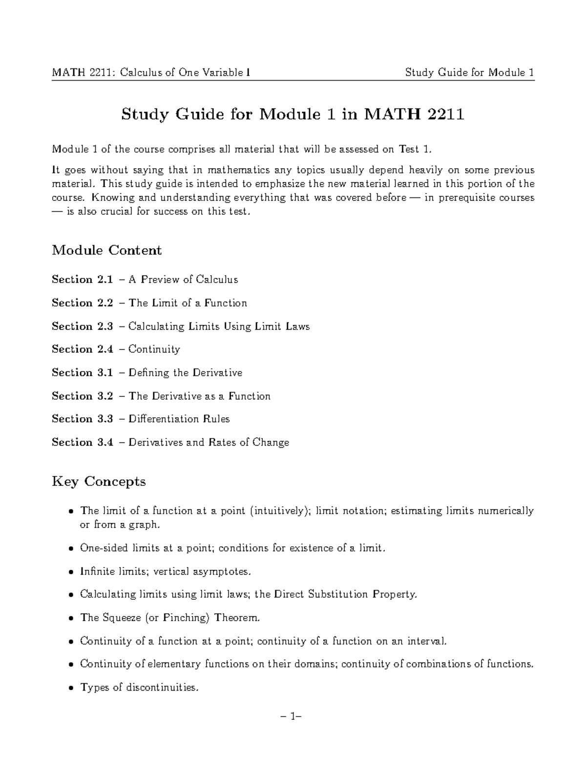 MATH 2211: Calculus of One Variable I Study Guide for Module 1 - Studocu