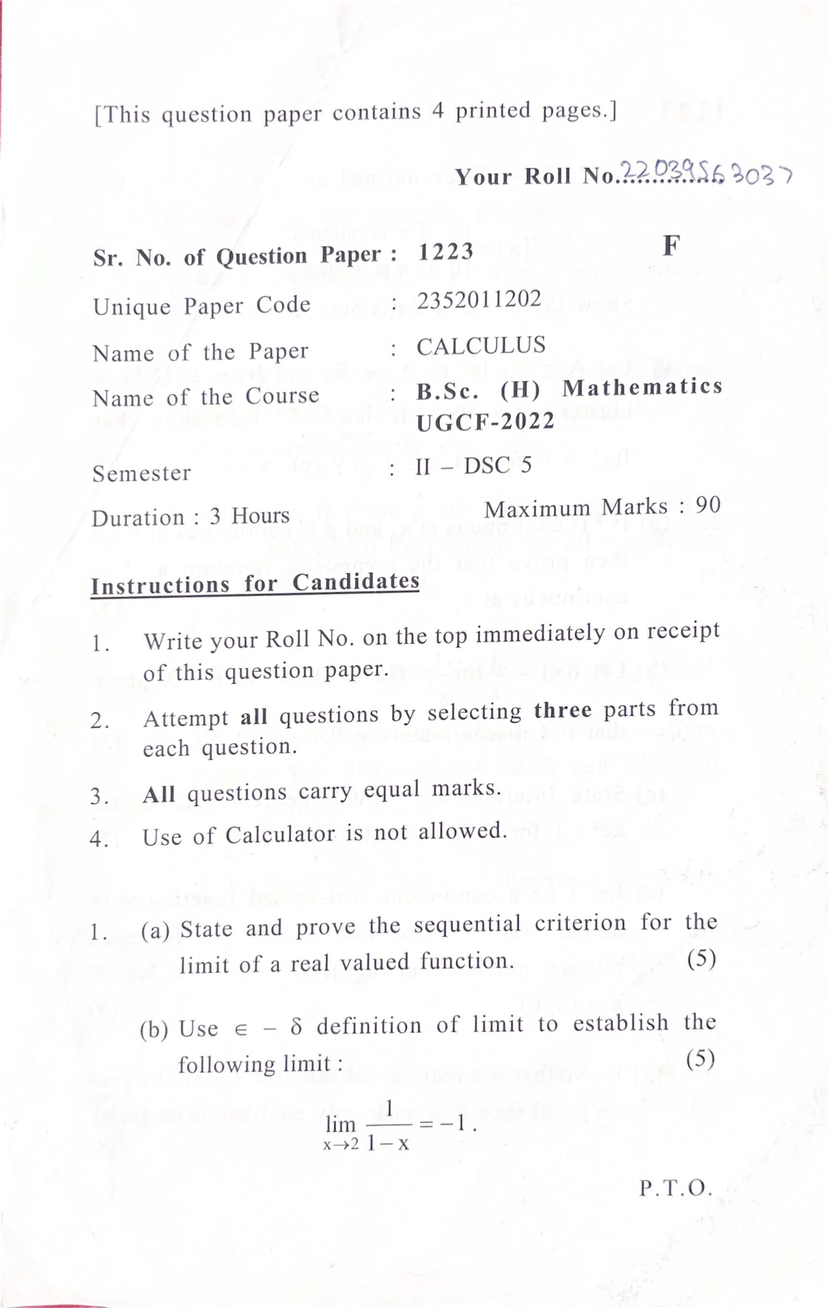 B.Sc. (H) Mathematics II Sem - Calculus PYQ Paper 1223 - Studocu