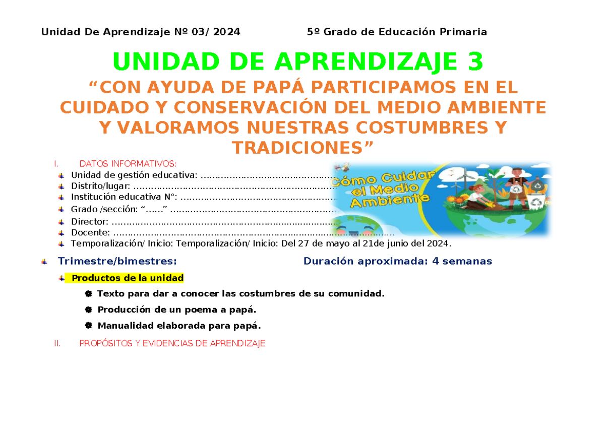 Unidad de Aprendizaje 3 - 5º Grado: Cuidado del Medio Ambiente y ...