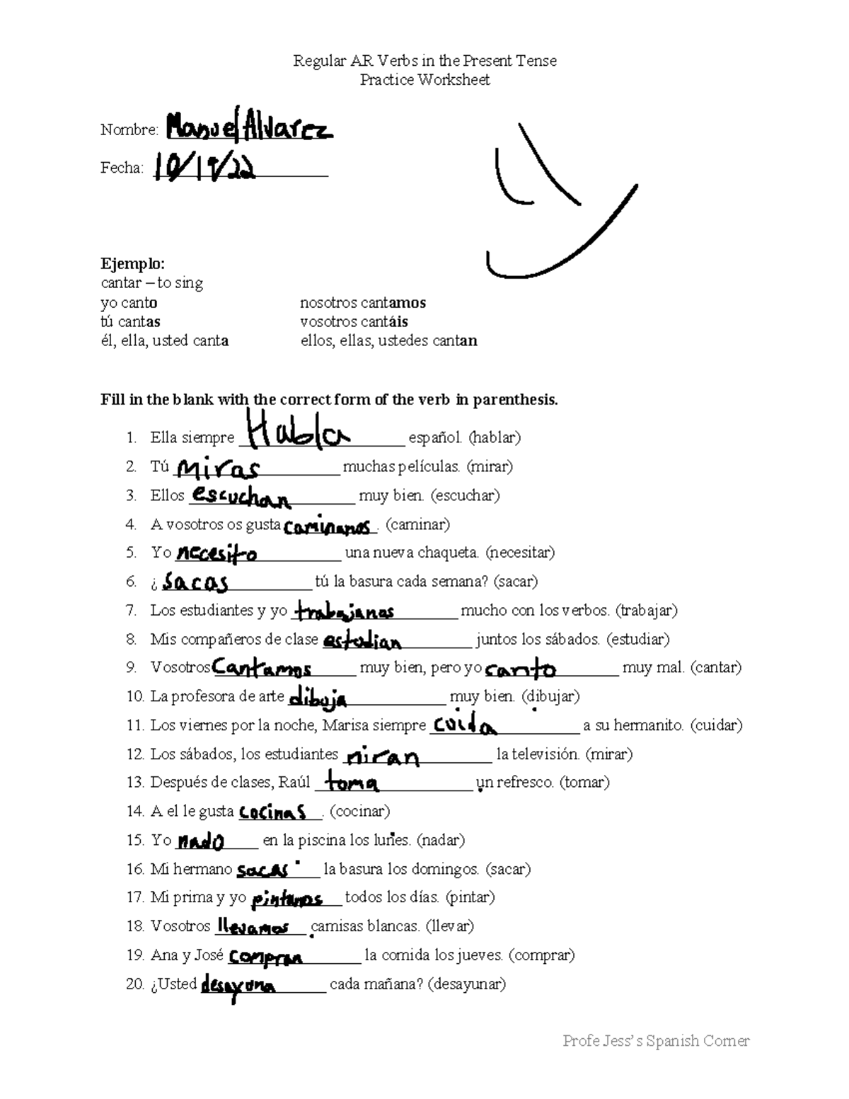 Spanish Verbs | Present Tense AR Verbs by Sketchy Unicorn | TPT, image size:1200x1553