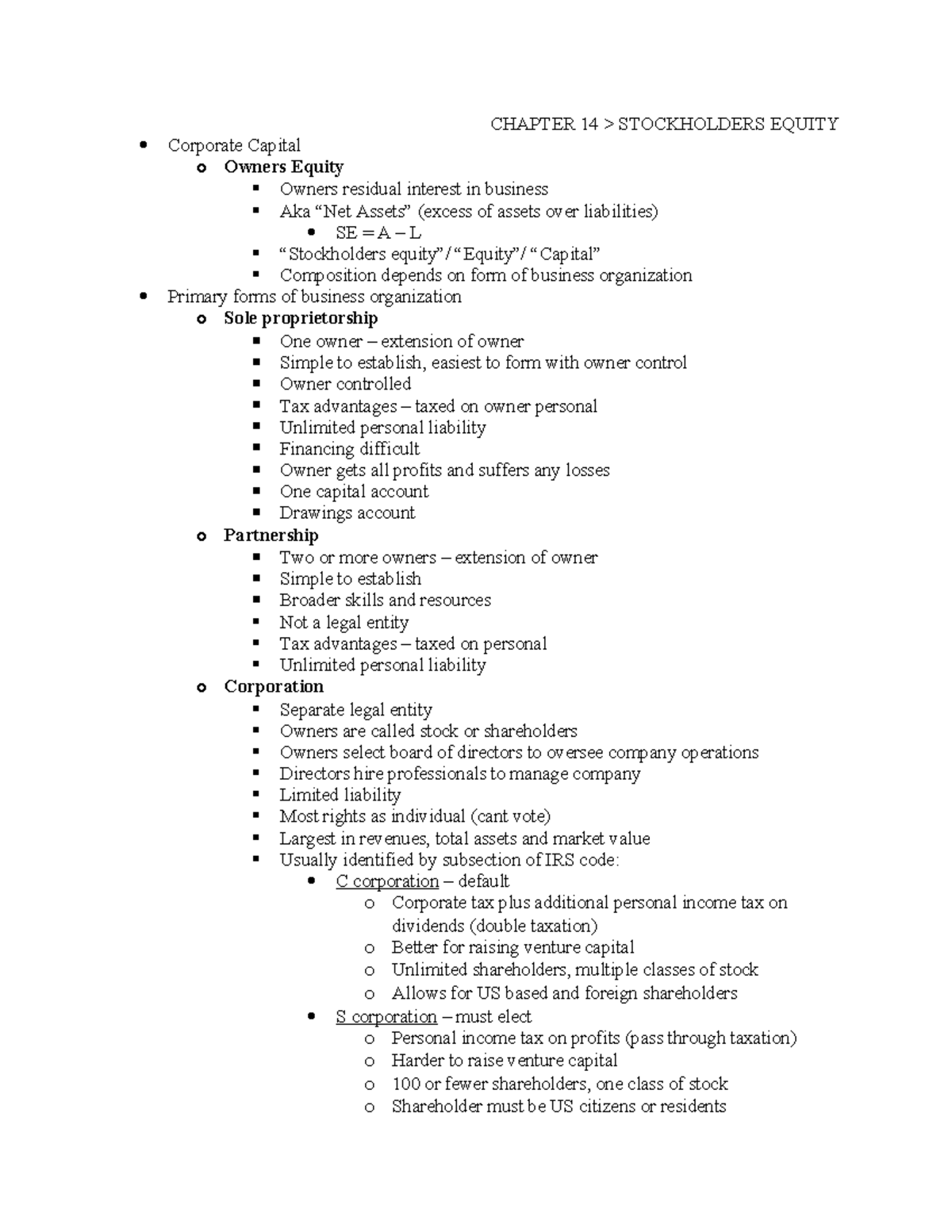 ACCT 302 CH 14 - Comprehensive Overview of Stockholders Equity - Studocu