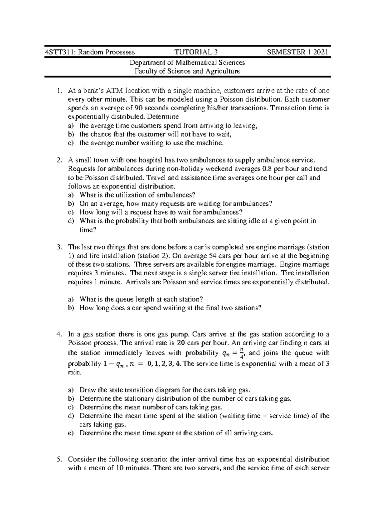 4STT311 Tutorial 3: Analysis of Queuing Models and Random Processes ...
