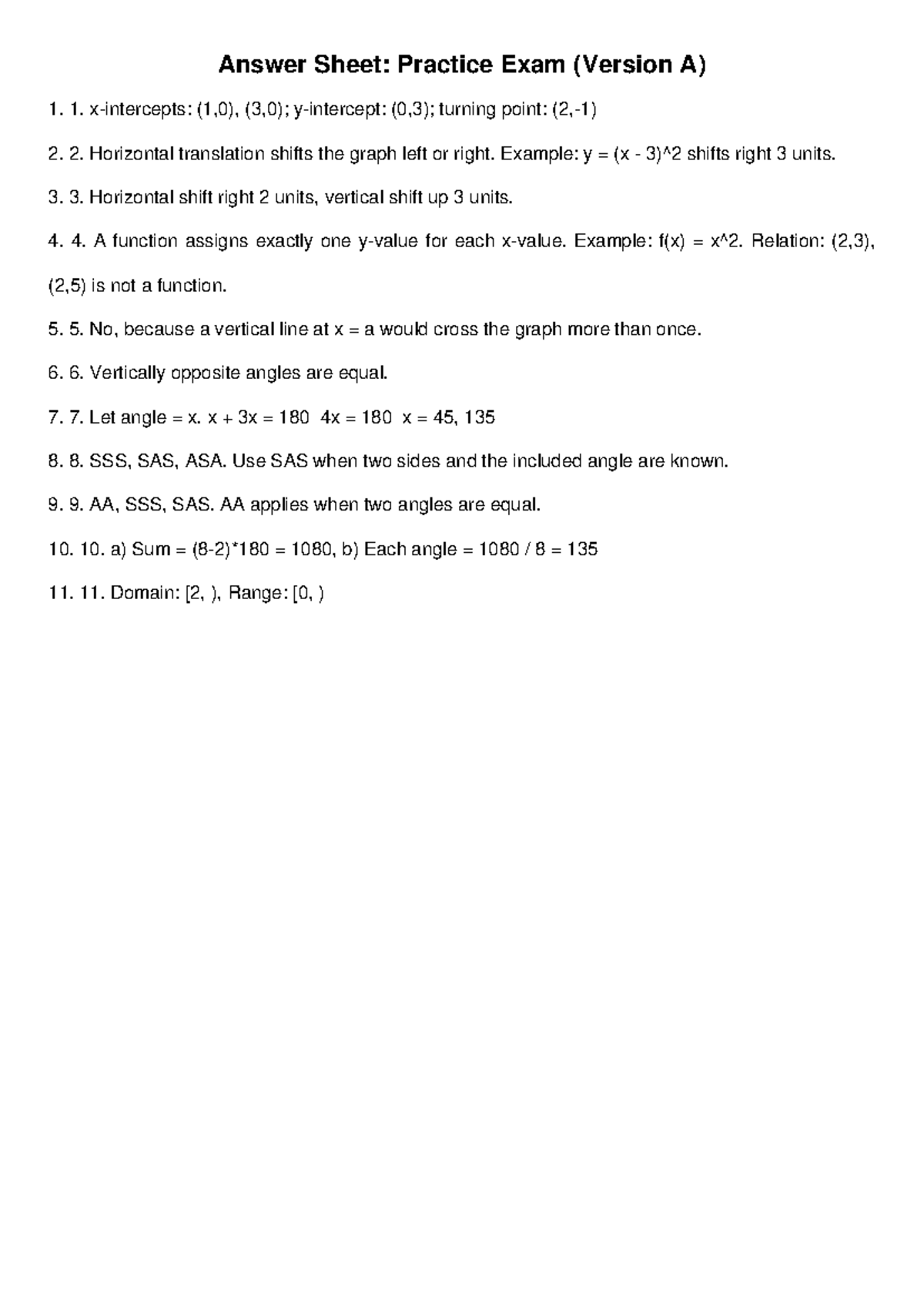 Practice Exam Answer Sheet (Version A) - Key Concepts & Solutions - Studocu
